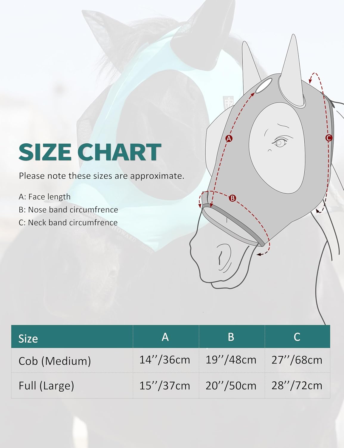Harrison Howard Horse Fly Mask with Forelock Opening Stretch Breathable and Comfortable for Horses UV -Protection Turquoise Green L