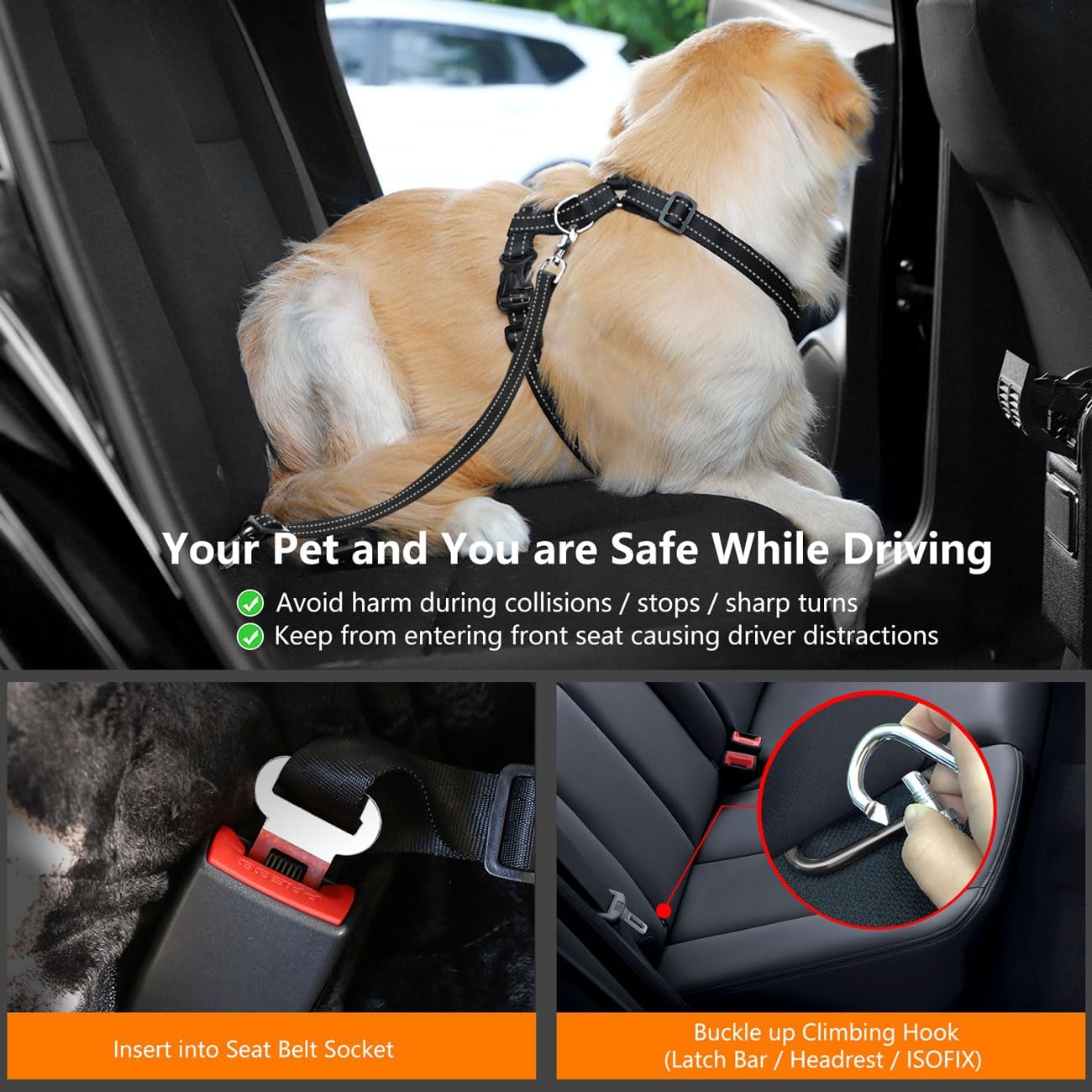 Dog Seat Belt Harness for Car, Dog Car Harness Adjustable Mesh Breathable & Dogs Seatbelt Safety Tether with Elastic Bungee for Small Medium Large Pets(Carbon Black, L)