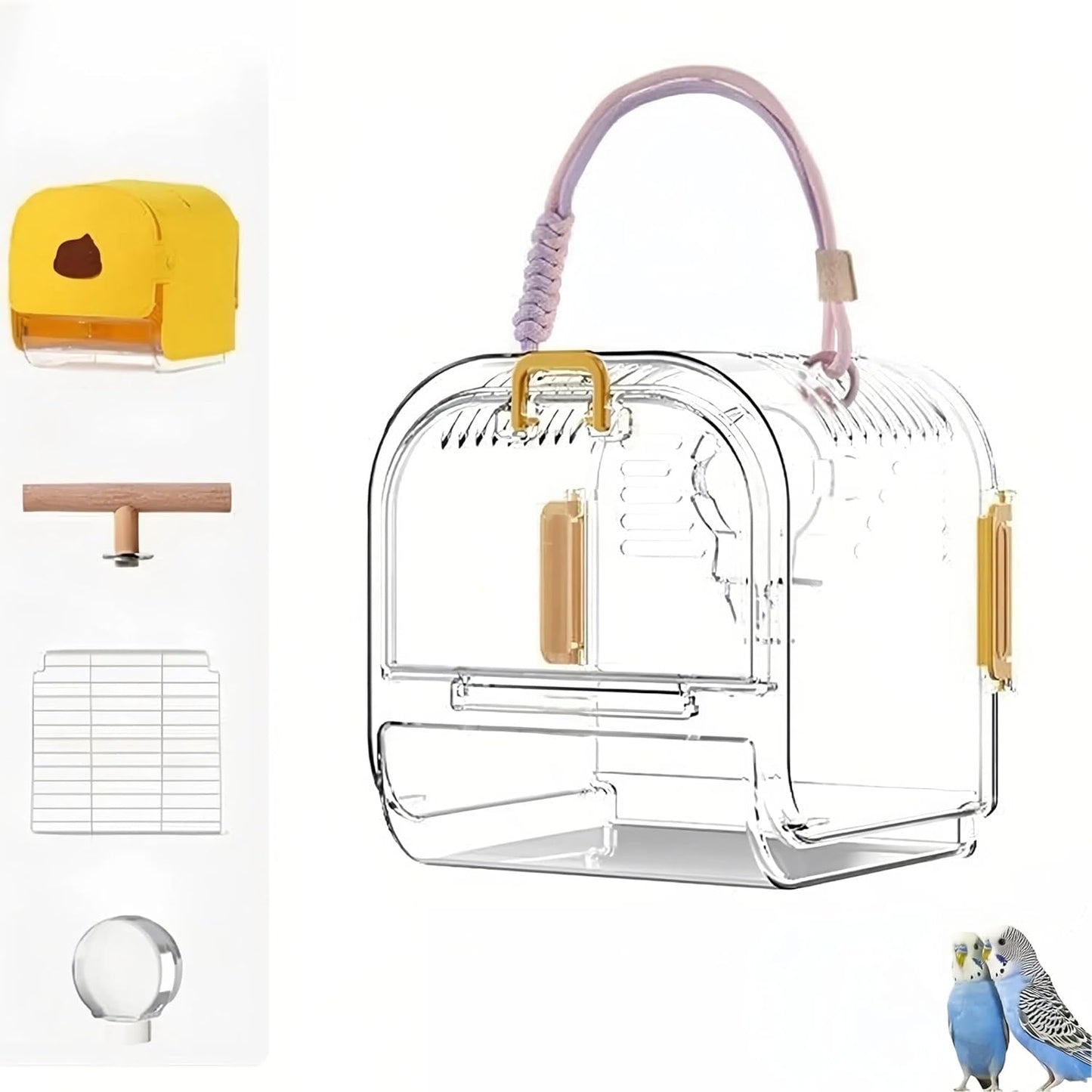 Small Bird Travel Cage Carrier,Portable Plastic Bird Cages,Portable Bird Carrier with Clear Acrylic Design, Travel Cage with Cover, Indoor Outdoor Use (Yellow)