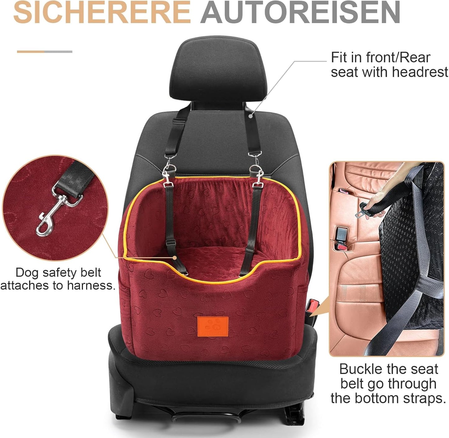 Dog Car Seat for Small Dogs, Memory Foam Booster Dog Seat for Dogs up to 35 lbs, Elevated Pet Car Seat, Travel Safety Pet Seat with Washable Removable Cover, Storage Pockets (Red)