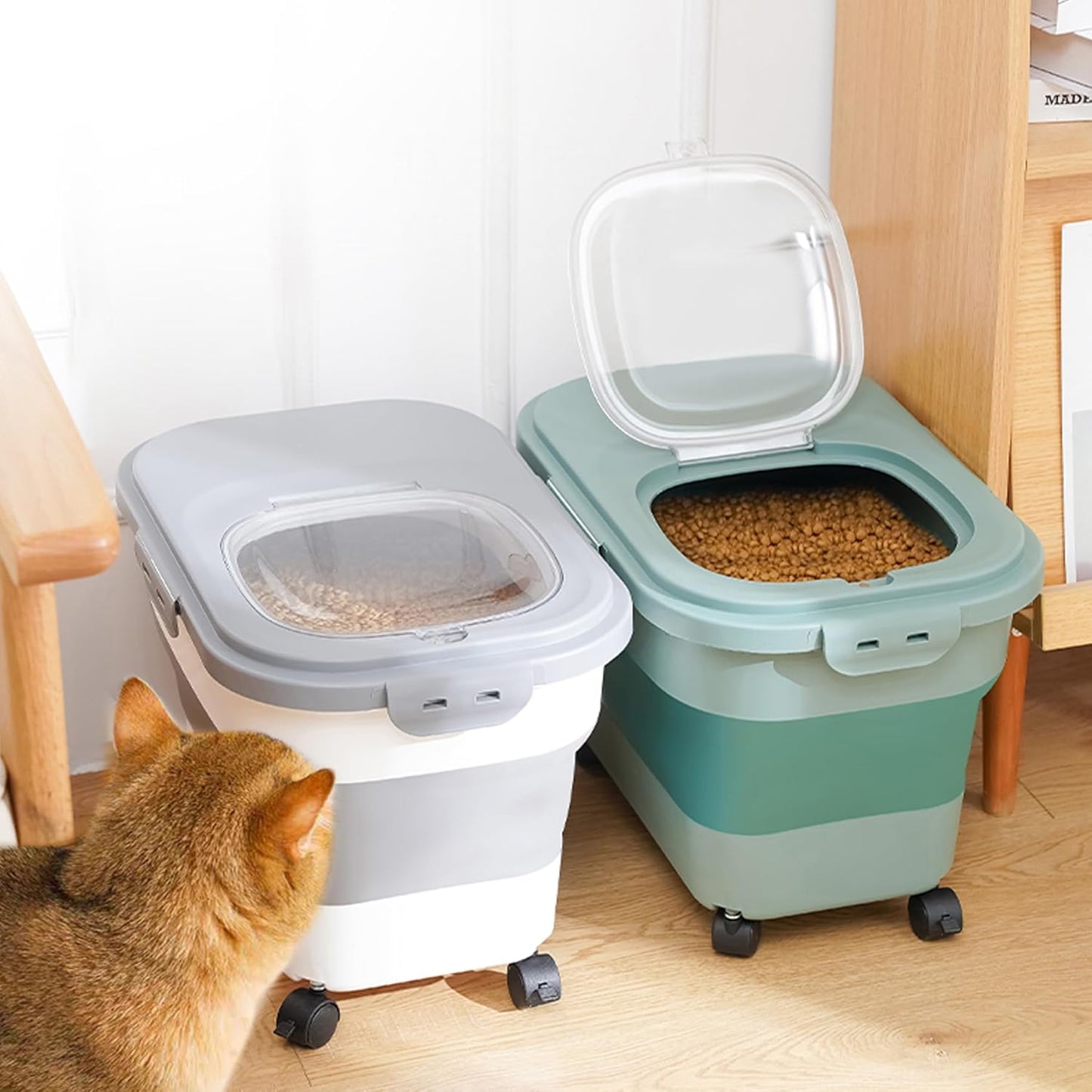 Collapsible Dog Food Storage Container with Lids, Airtight Rice Flour Cereal Sugar Cat Pet Bird Seed Containers Bin Bucket with Rolling Wheel, 20 25 30 Lbs Pound Plastic Sealable Kitchen Pantry Holder