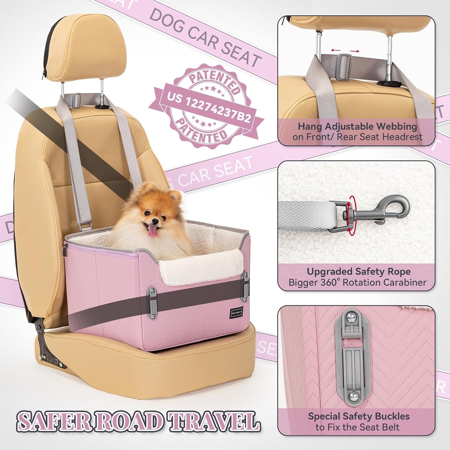 PETSFIT Dog Car Seats for Small Dogs, Portable Puppy Car Saet for Car with Clip-On Leash, Adjustable Straps Suitable for Small Pets Up to 25lbs (Light Pink)
