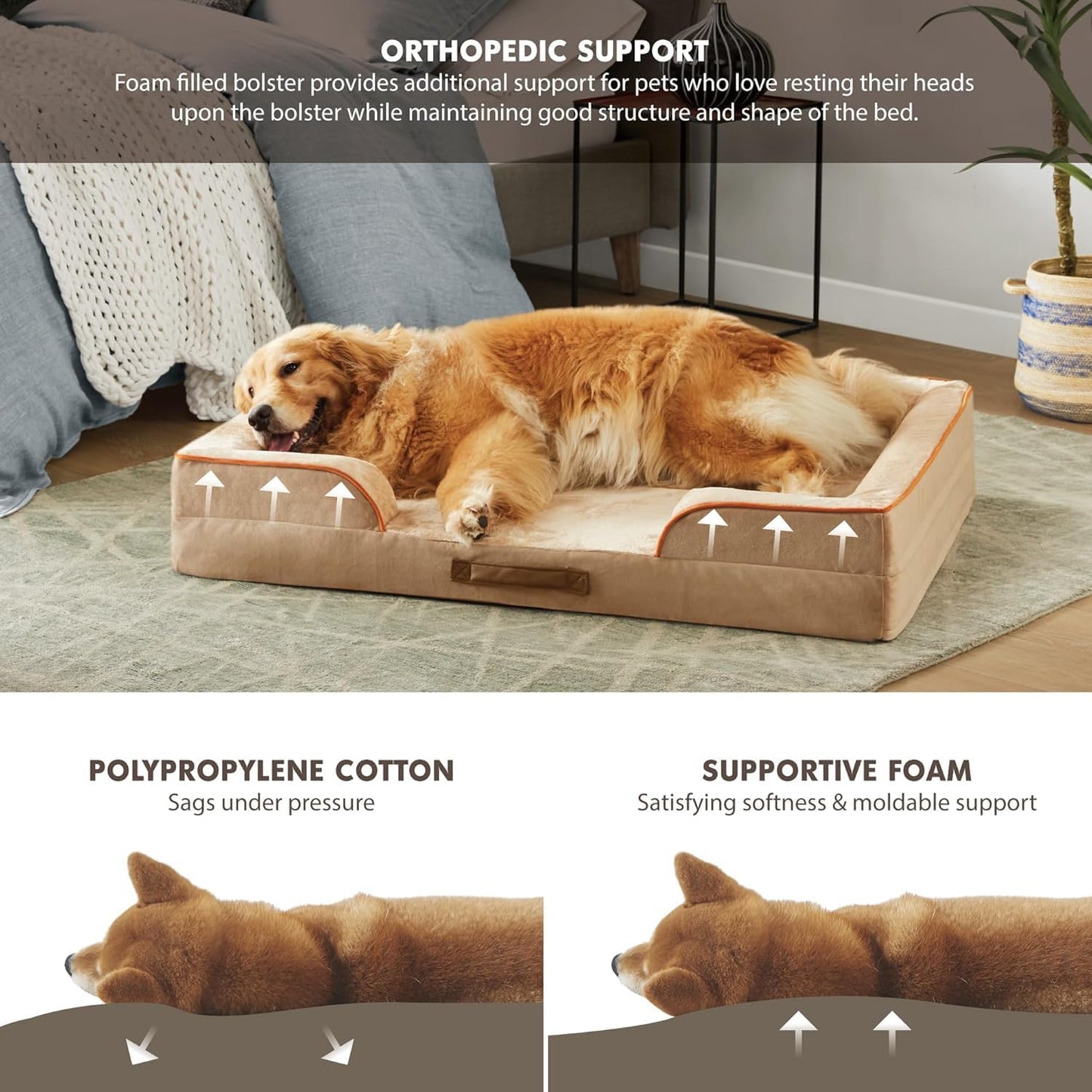 Friends Forever Orthopedic Dog Bed for Extra Large Dogs, Waterproof Memory Foam Dog Sofa Bed XL with Removable Washable Cover, Ally Khaki, 42x32x7