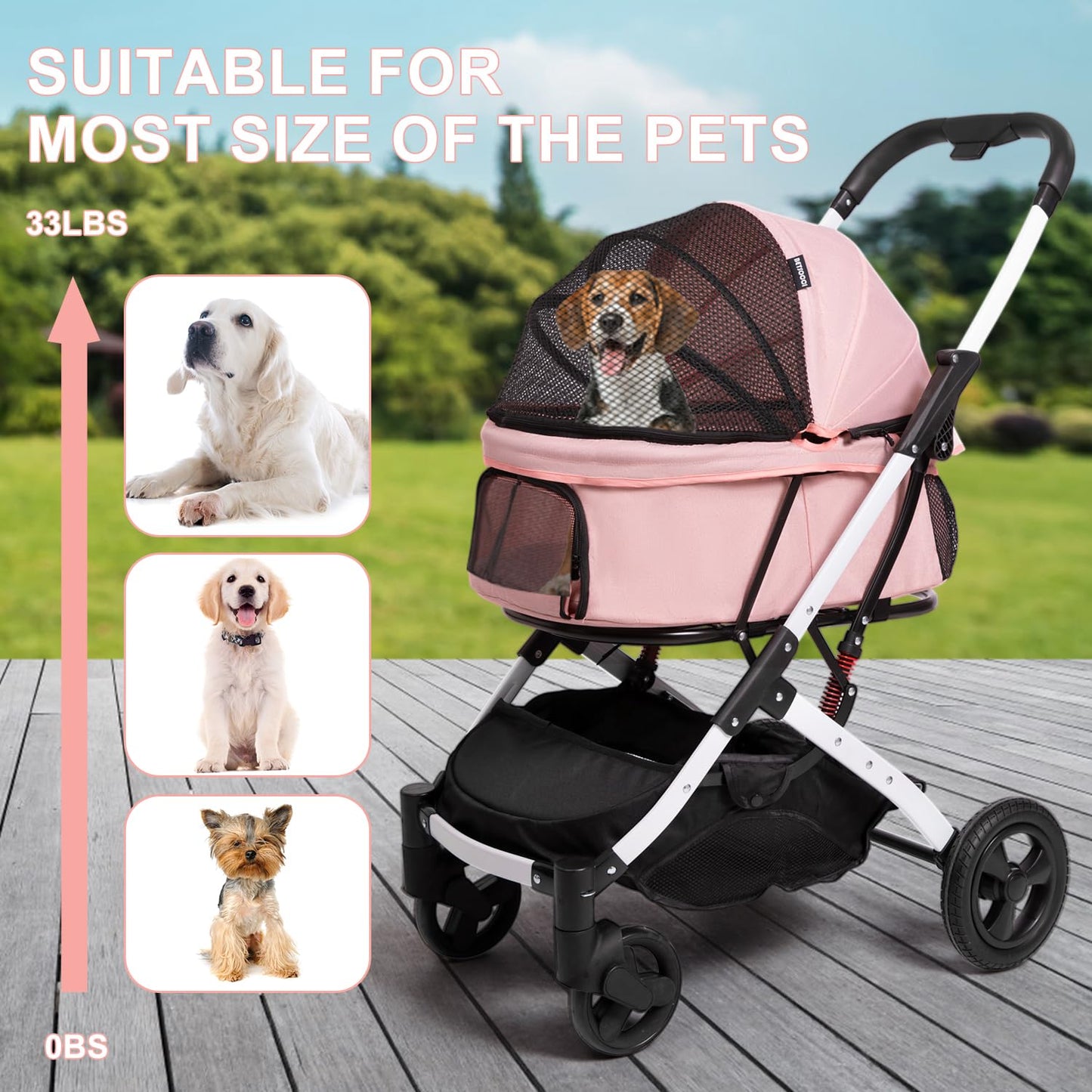 Pet Stroller for Medium Small Dog & Cat, Foldable Lightweight Dog Stroller with Storage Basket Pet Travel Carriage with Safety Leashes, 4 Wheel, Pink