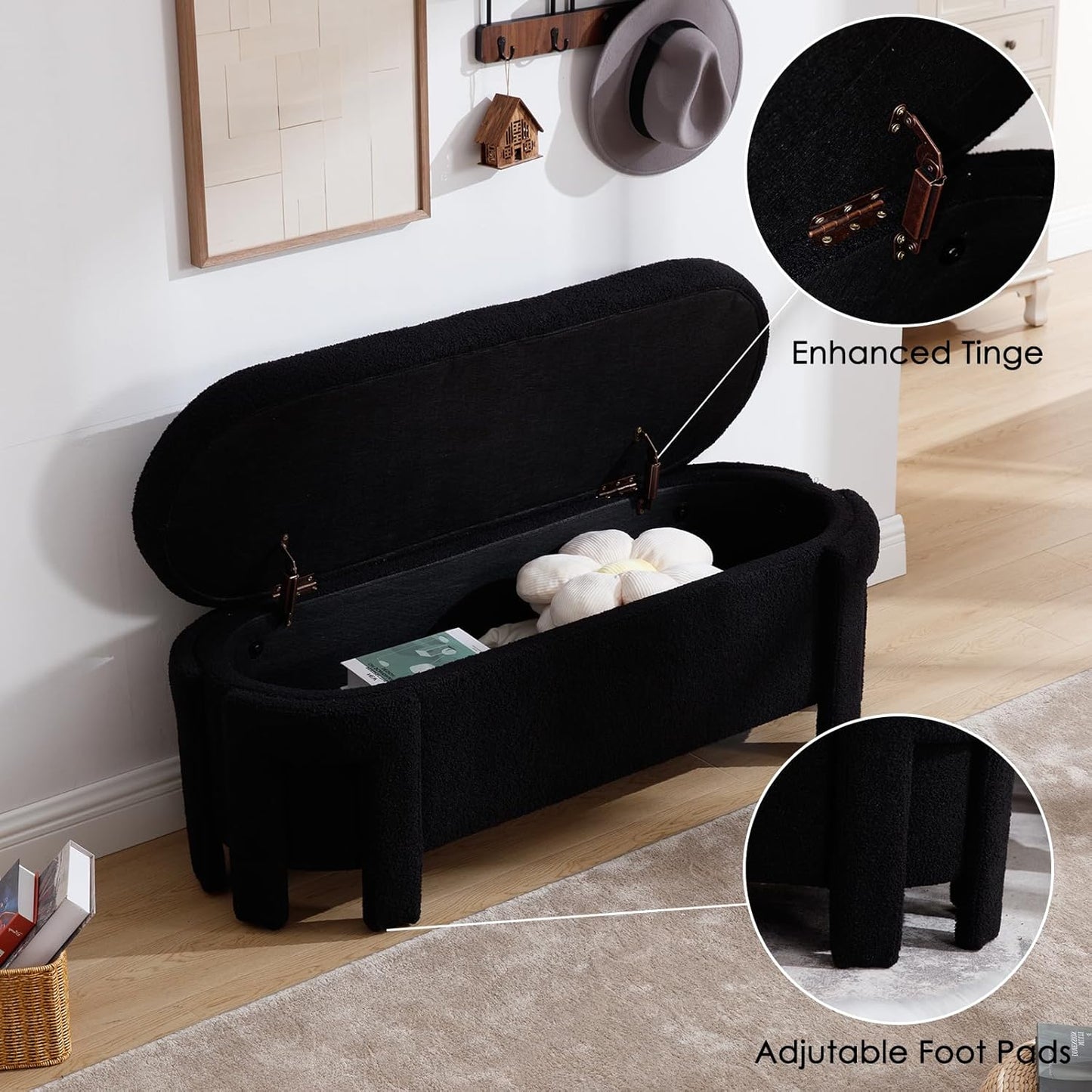 Modern Upholstered Storage Bench, Sherpa Fabric 50" Long Entryway Bench with Storage and Seating, Comfy Cute Ottoman Bench for Living Room/End of Bed/Hallway, Black