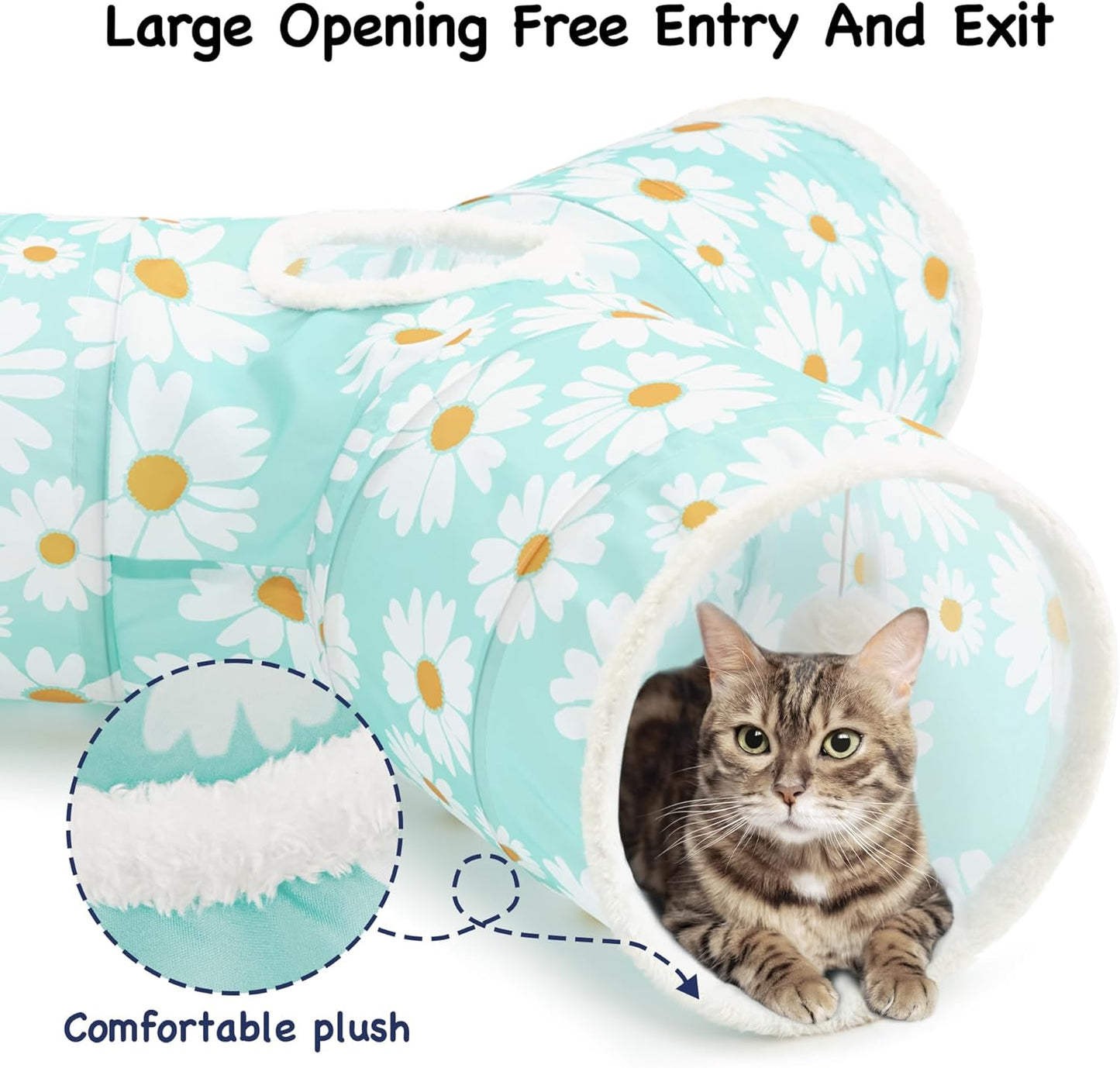 Tempcore Pet Cat Tunnel Tube Cat Toys 3 Way Collapsible, Cat Tunnels for Indoor Cats，Kitty Tunnel Bored Pet Toys Peek Hole Toy Ball, Puppy, Kitty, Kitten, Rabbit Daisy Blue Printed