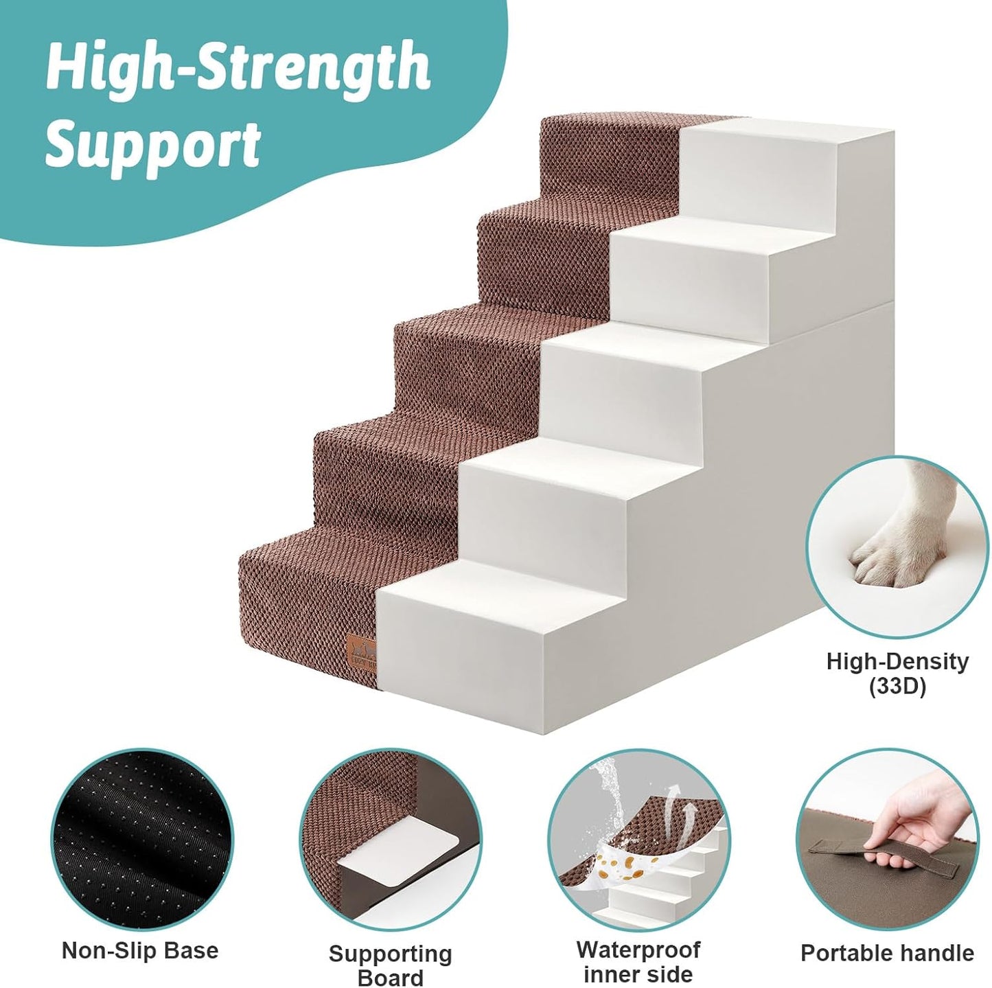 Dog Stairs for Small Dogs, 5 Tier Removable Wider Pet Stairs for Couch and Bed, 23.6" H Non-Slip Dog Steps for Puppies and Old Cats with Support Board, 29.5x19.7x23.6 inch, Brown