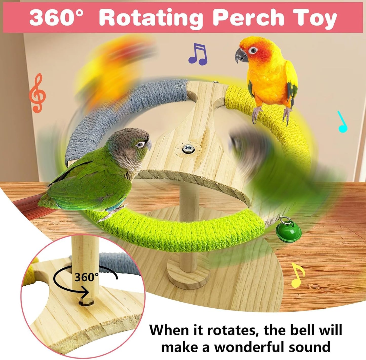 PINVNBY Bird Stand Perch Toy Wooden Spinning Parrot Perch with Cotton Rope and Bell Interactive Cockatiel Toy Bird Cage Accessories for Parakeets Conures Budgies Finches Lovebirds