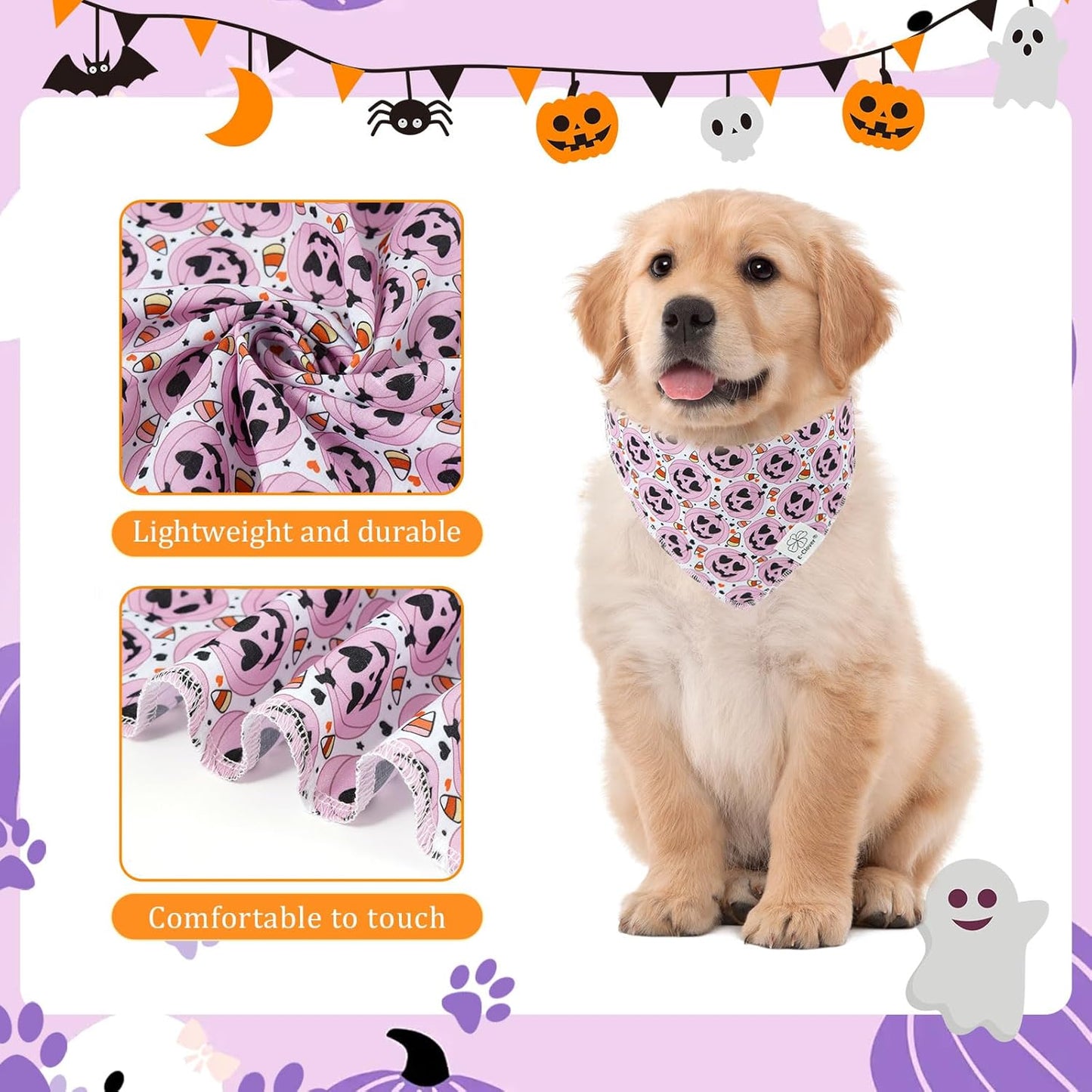 E-Clover Halloween Dog Bandanas & Matching Scrunchie Set Girl Cute Pink Pumpkin Dog Scarf Bibs Pet Bandana with Bow Tie for Small Dogs Puppy Owner Mom