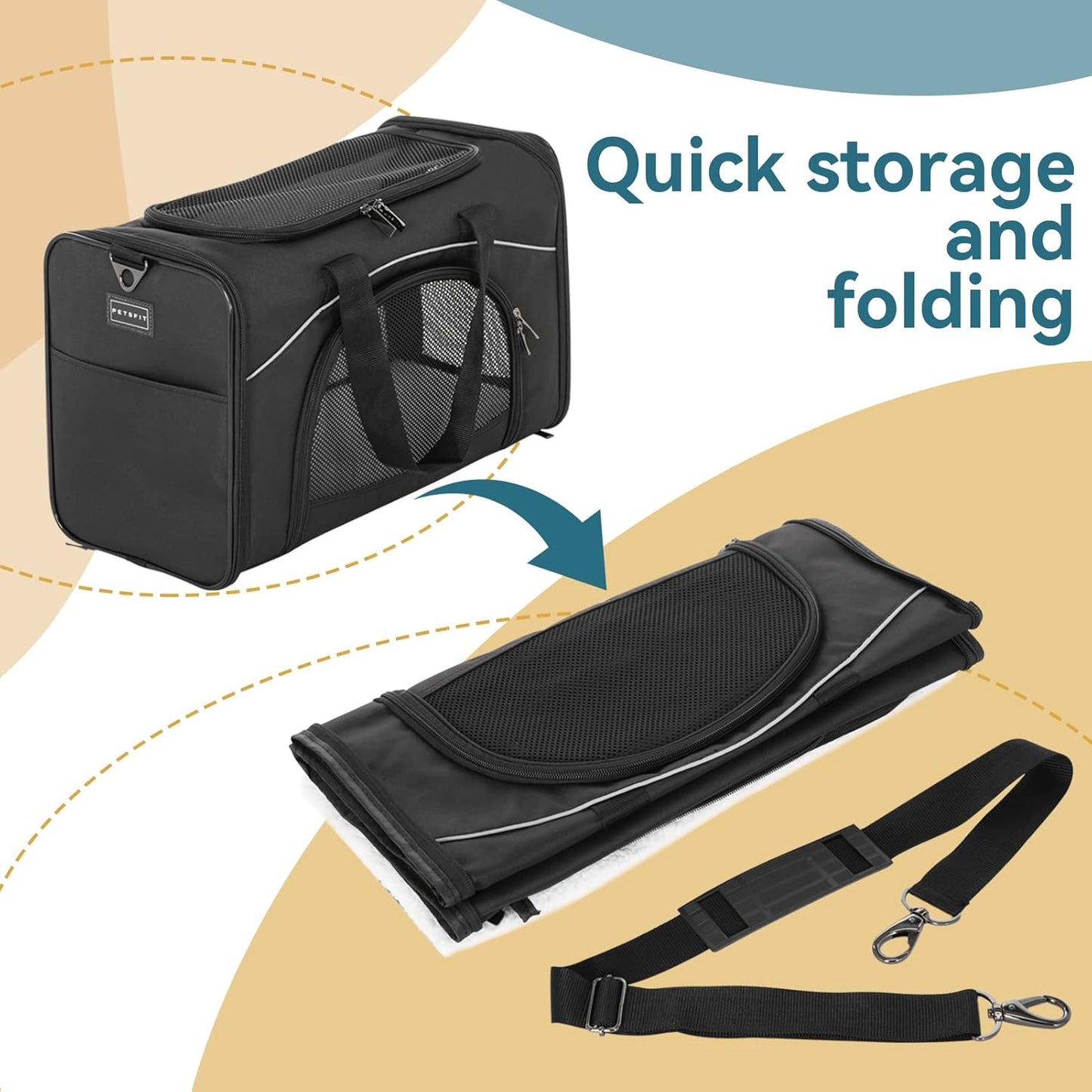 Petsfit Two-Way Placement Pet Carrier Airline Approved, Cat Carriers for Kittens, Puppies,Rabbit,Hamsters, Washable,Black