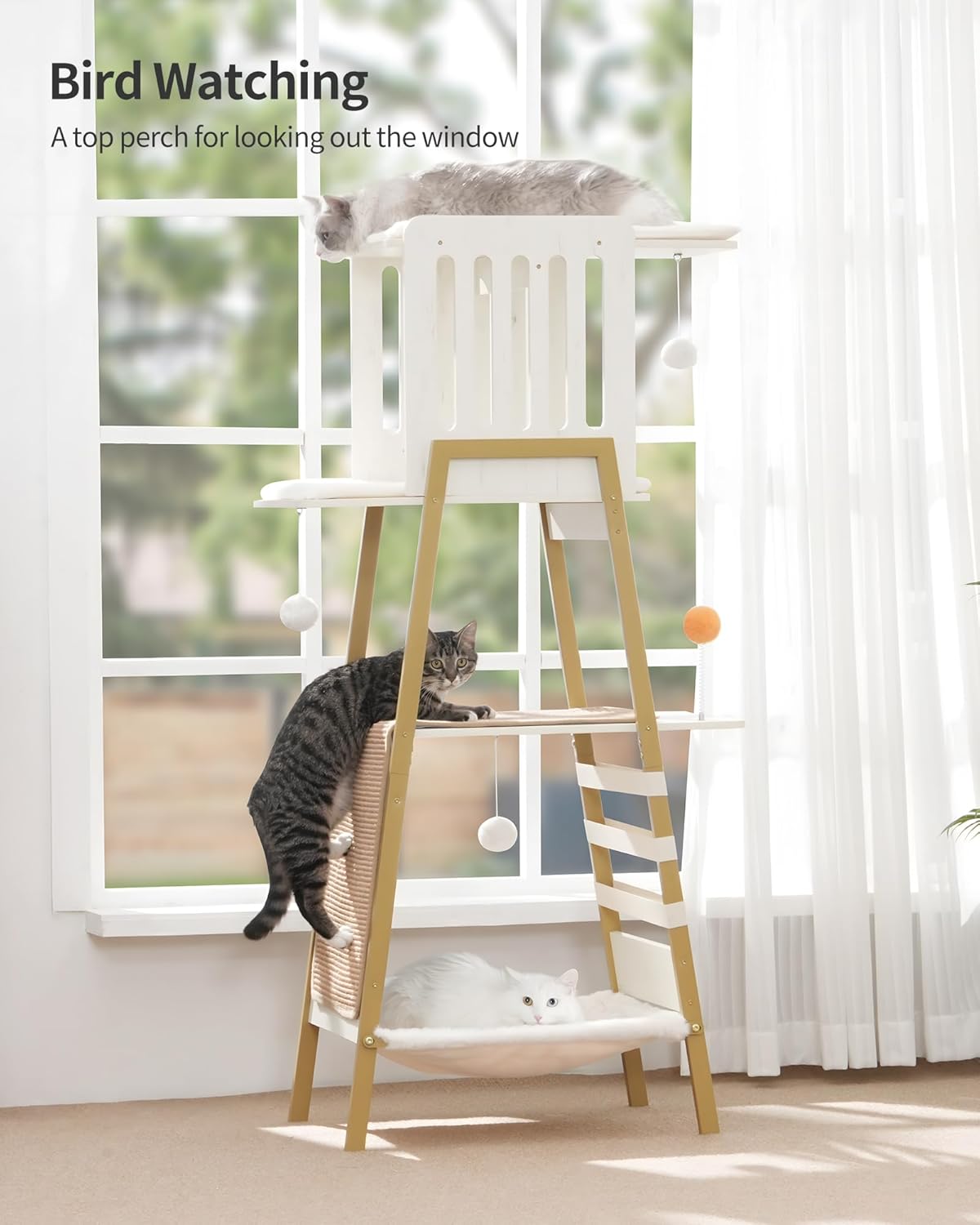 FourFurPets Modern Cat Tree, 58-Inch Cat Tower for Large Cats, Maine Coon Cat Tree with Scratching Board, Large Perch, Hammock and Removable Pads, White