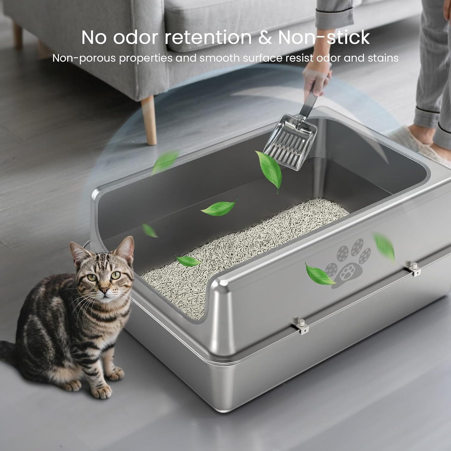 Enclosed Stainless Steel Cat Litter Box with Lid, Oversize Metal Litter Box for Multi Cats, XXXL Supersize Cat Toilet with High Side, Non-Stick, Anti-Leakage, Odorless, with Litter Mat & Litter Scoop