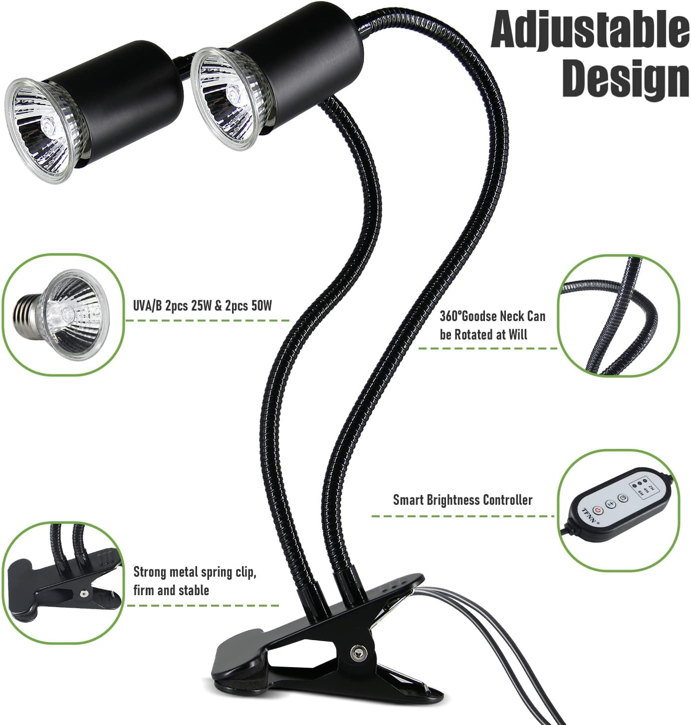 Reptile Heat Lamp, Double-Head Heat Lamp with Clamp, UVA UVB Reptile Light with Intelligent Cycle Timer for Turtle, Bearded Dragon, Lizard and More, 2 Bulbs 25W+50W