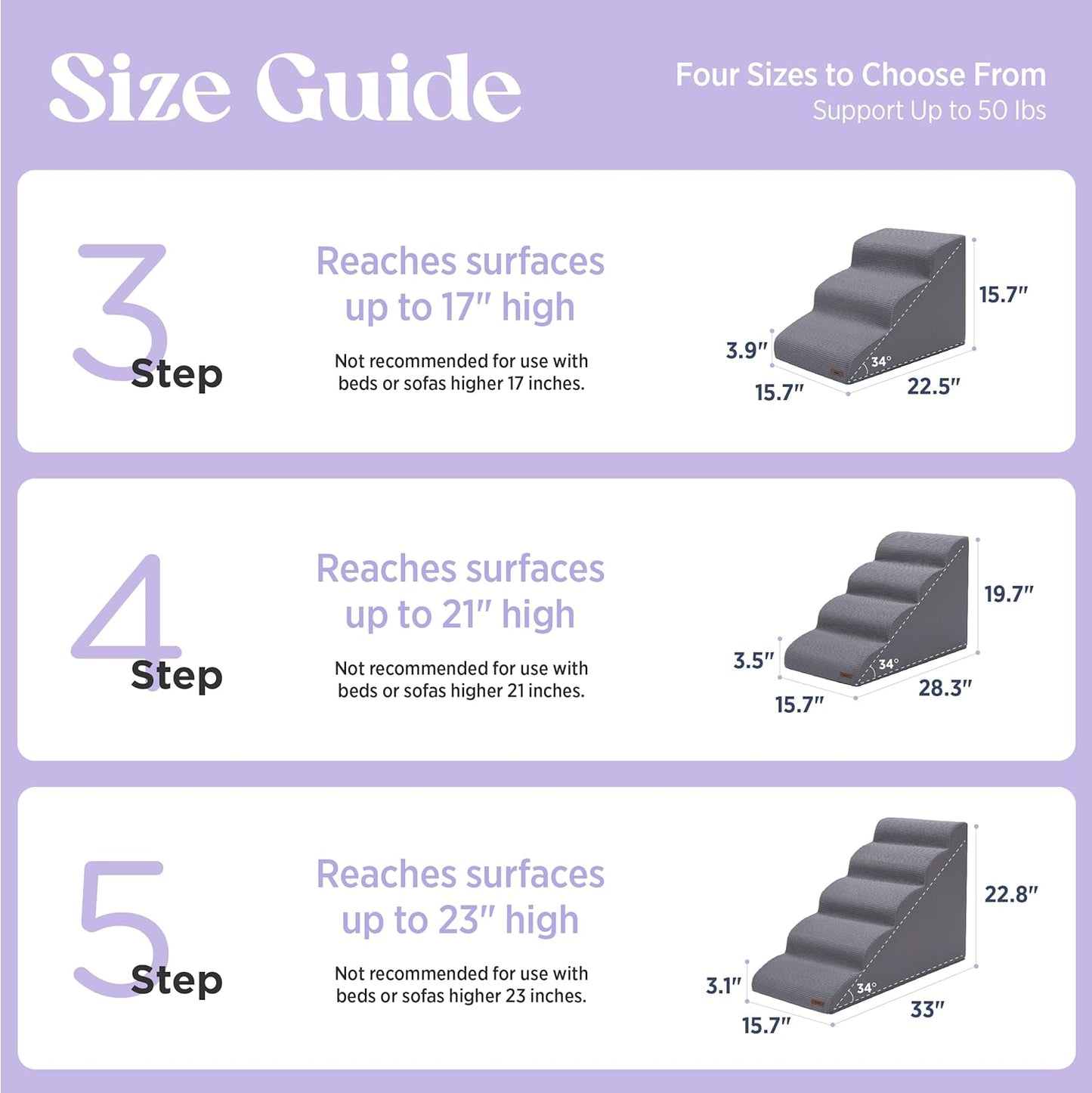 Lesure Dog Stairs for Large Dogs Pet Steps Ramp for High Bed and Couch with CertiPUR-US Certified Foam with Non-Slip Bottom, Grey, 4 Steps