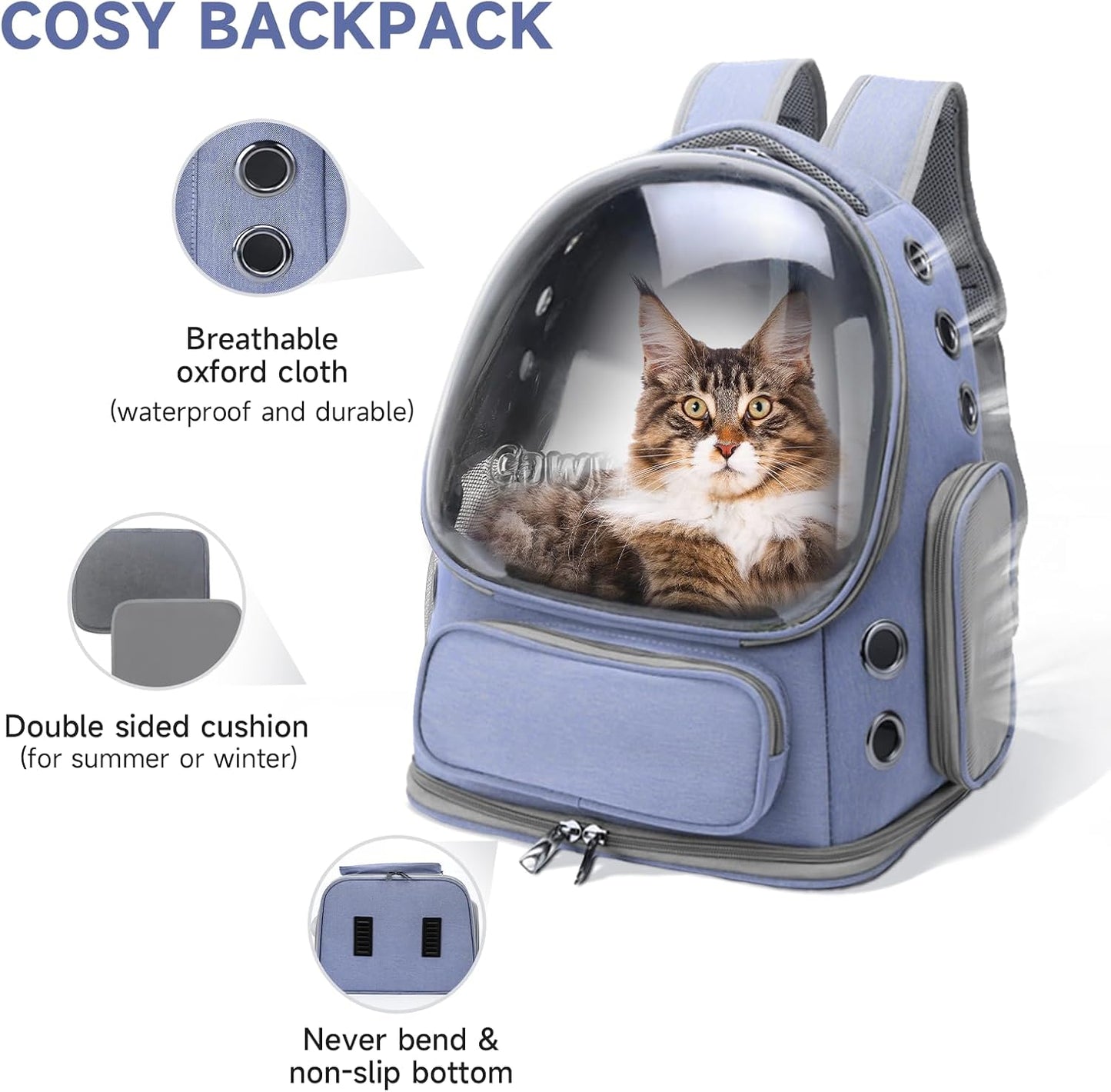 Cat Backpack Carrier, Breathable Cat Carrier Large Space Bubble Pet Backpack for Kitty Small Dog up to 12lbs, Transparent & Foldable Pet Carrier for Travel Hiking (Blue