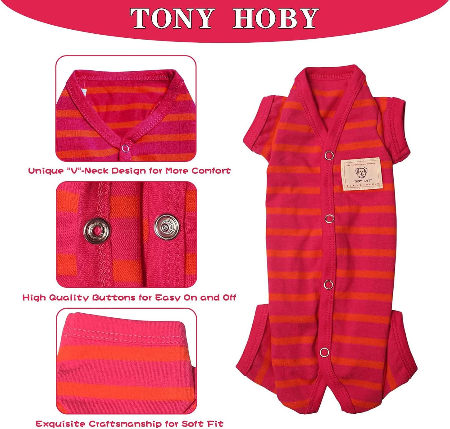 TONY HOBY Female/Male Dog Pajamas, Dog Jumpsuit 4 Legged Pajamas with Stripes, Soft Cotton for Comfortable Sleep (Rose Red&Orange, Boy, M)