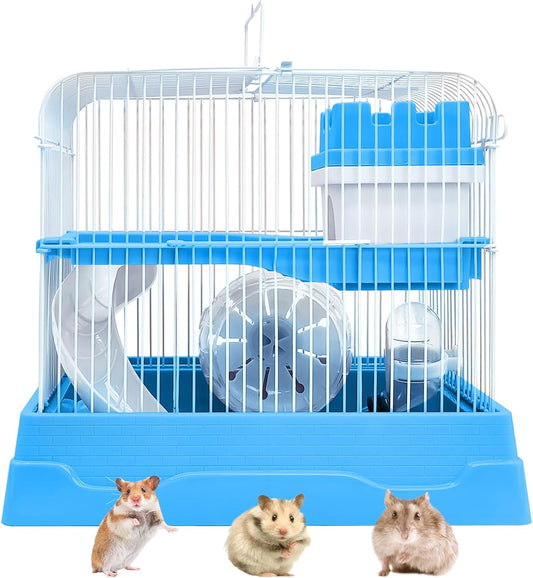 PINVNBY 2-Tier Dwarf Hamster Cage, Travel Portable Mouse Cage Gerbil Cages and Habitats Small Animal Carrier with Castle House Running Exercise Wheels, Water Bottle and Food Dish(Gray)