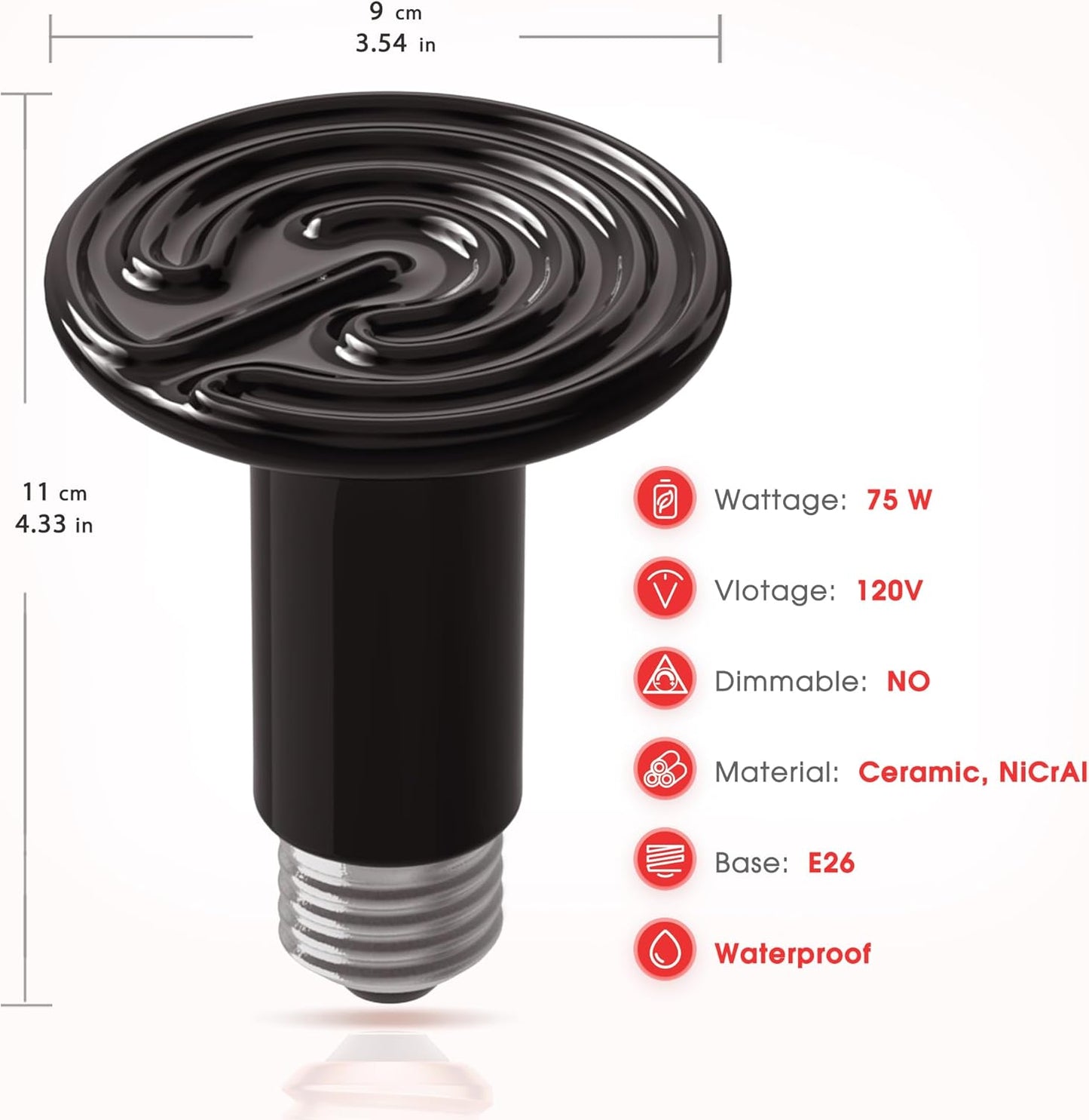 Ceramic Heat Emitter for Reptiles, 75W Heat Lamp Bulb, Ceramic Reptile Heat Bulb Black, No Light Emitting Heat Lamp for Amphibian Pet, Heat Bulb for Bearded Dragon Turtle Snake Lizard, 2 Pack