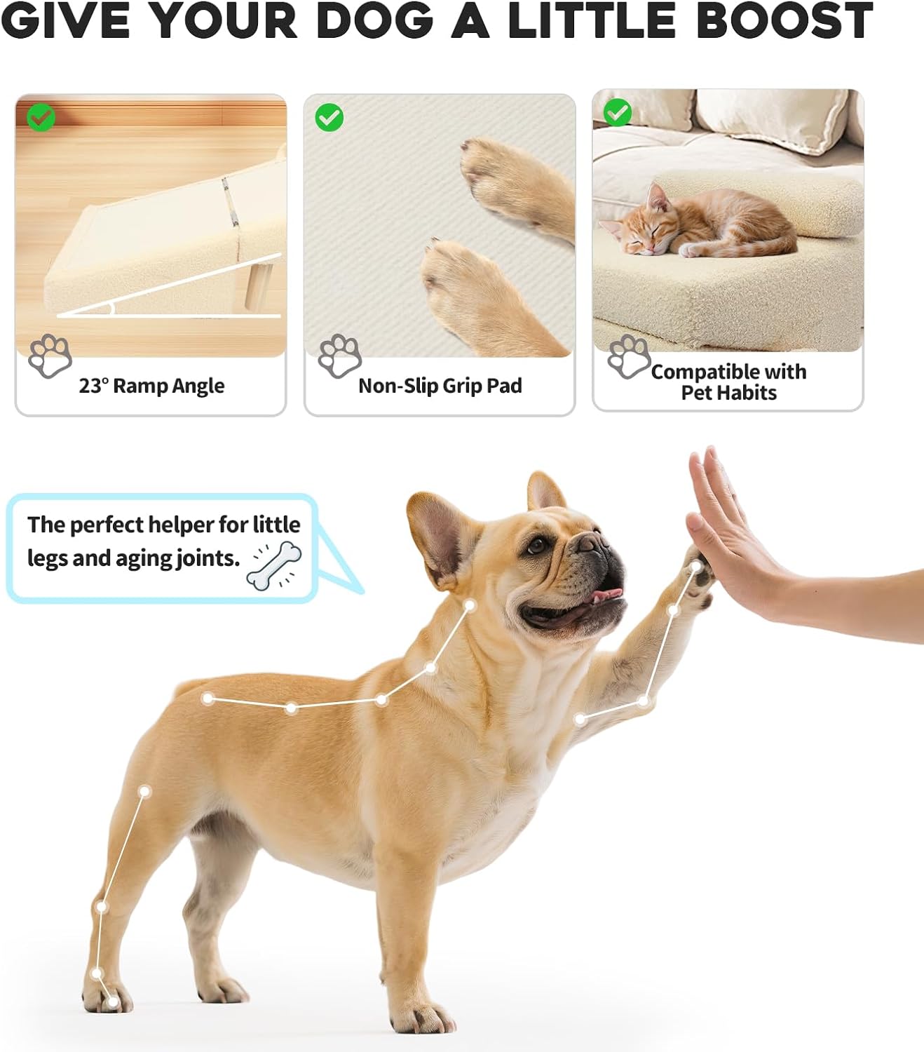 Dog Stairs for Small Dogs and Cats – 2-in-1 Dog Ramp for Bed and Couch, 16.5'' Foldable Wooden Pet Steps, Sturdy Multi-Use Split Ottoman Design, Beige