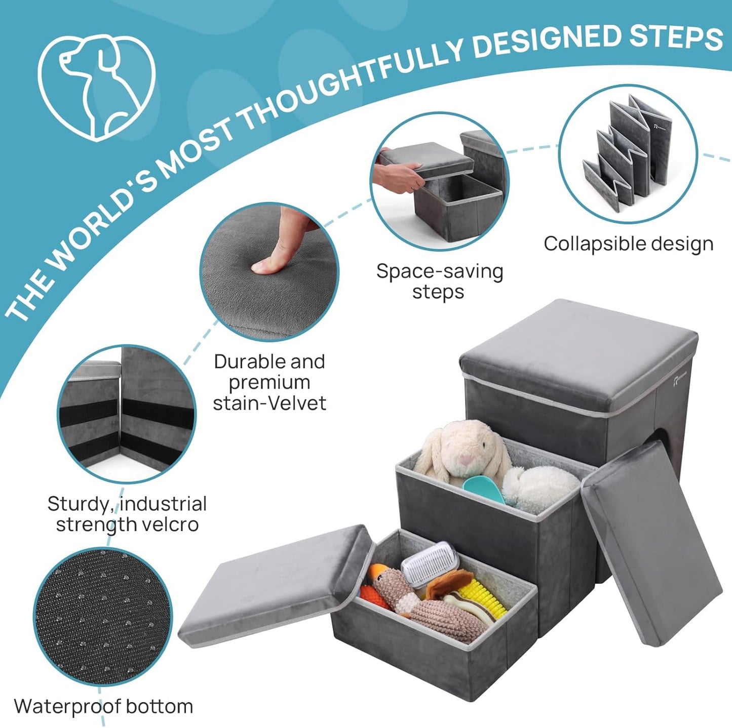 Foldable Pet Stairs for Beds & Sofas - Non-Slip Dog Steps with Storage for Small to Medium Dogs & Cats, Supports up to 120 lbs - Durable 2 & 3-Step Doggie Ladder for Easy Access