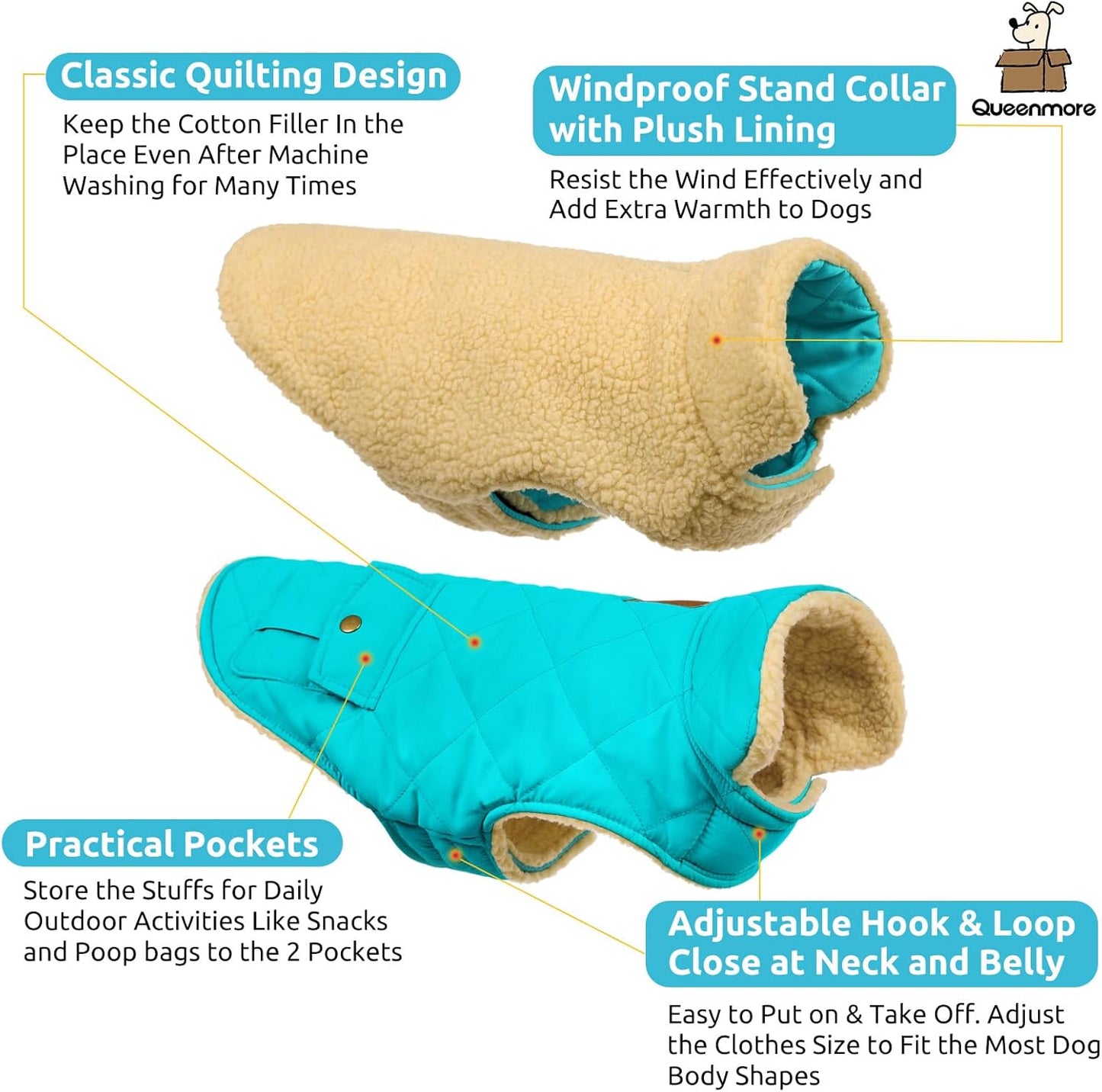 Queenmore Warm Dog Coat, Cold Weather Puffer Dog Coat Vest, Quilting Winter Pet Jacket Ultra Thick Plush Fleece Lining Pet Clothes for Dogs with Storage Pockets (Light Blue,X-Large)