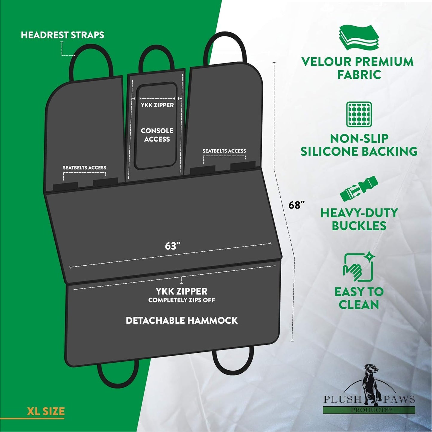 Plush Paws Products Velvet Convertible Rear Seat Cover | Durable Diamond Stitching | Washable & Waterproof Back Seat Cover | Car, Truck & SUV | Nonslip, Tear Resistant Protection | X-Large Charcoal