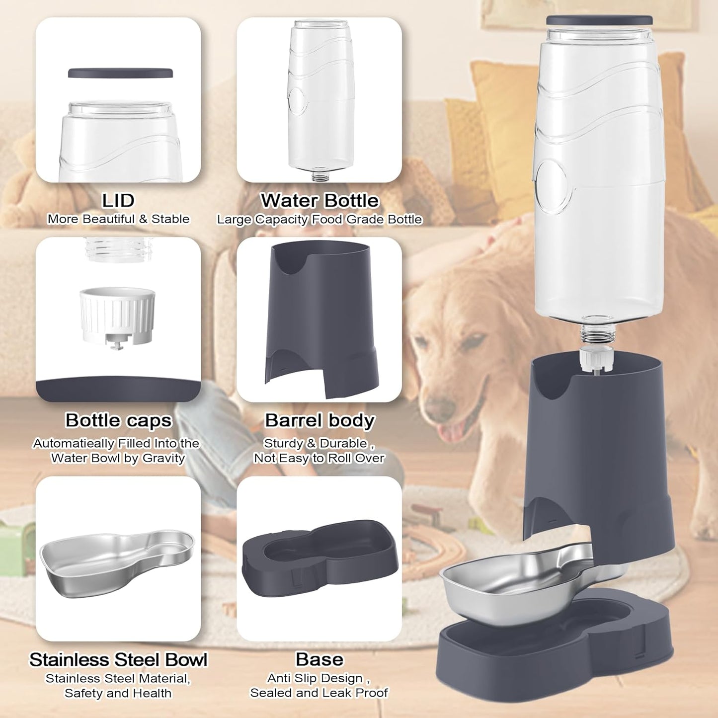 8L Automatic Pet Waterer,Gravity Stainless Steel Water Feeder,Gravity Pet Water Dispenser,Large Capacity Waterer with Stainless Steel Bowl for Medium and Large-Sized Cats and Dogs(8L,Grey)