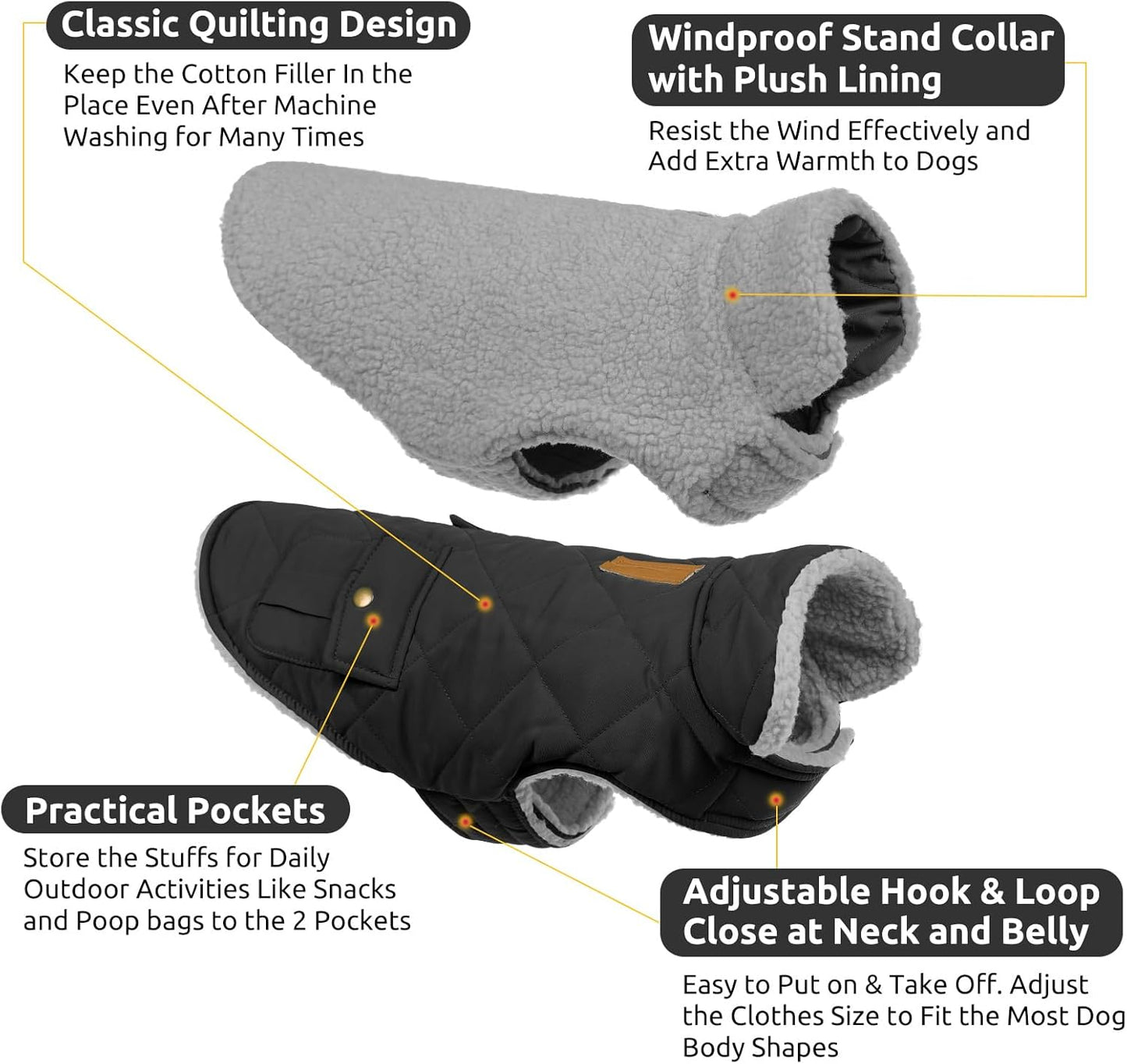 Queenmore Dog Winter Coat Warm Puffer Jacket Waterproof Plush Lining Thermal Cold Weather Vest for Small Medium Large Dogs, Windproof Easy On Pet Jacket Black XL