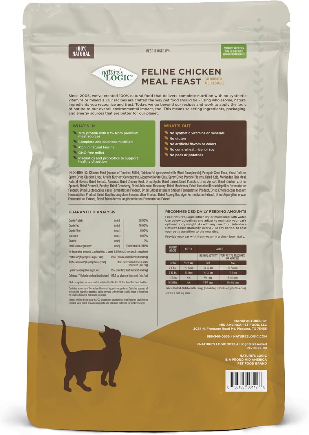 Nature's Logic Feline Chicken Meal Feast Cat Food - High-Protein Dry Food for Cats, 100% Natural Nutrition with Probiotics & Prebiotics - All Life Stages - Chicken, 15.4lbs