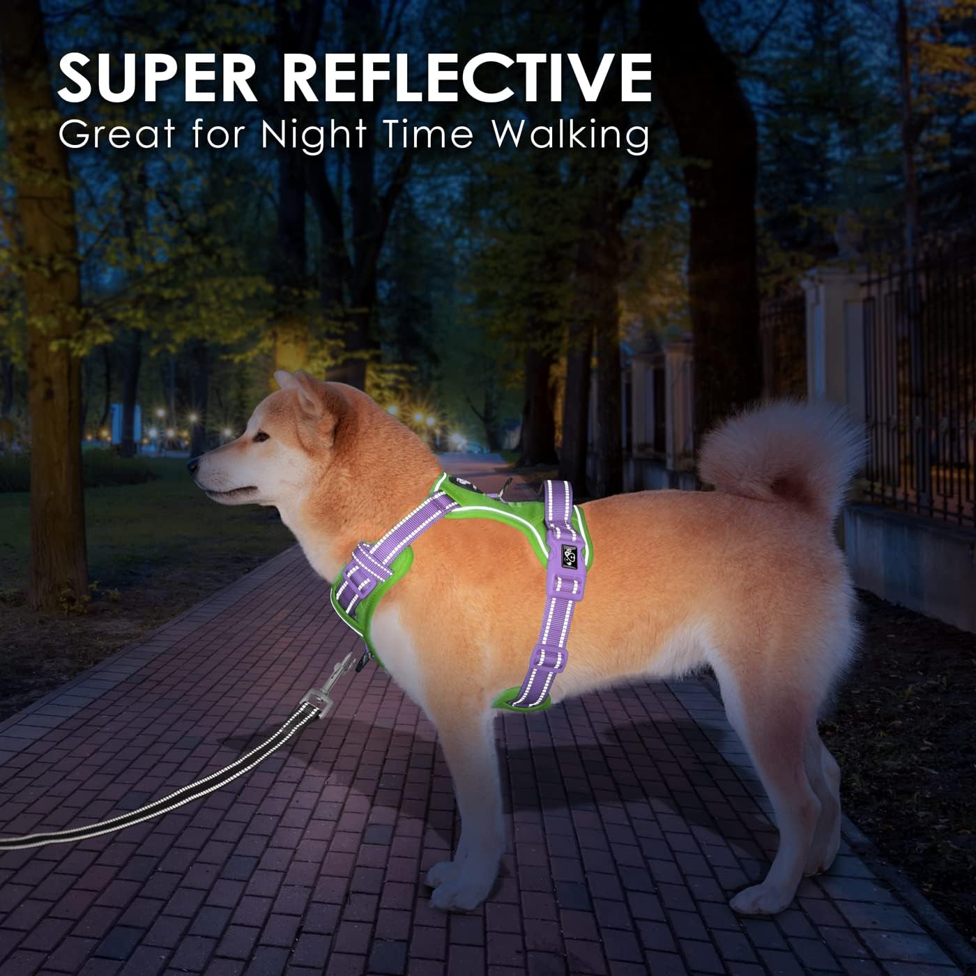 PHOEPET No Pull Dog Harness, Unique Colors Reflective Adjustable Dog Vest, with Soft Training Handle Metal Clips for Small Medium Large Dogs (Green Base & Purple Straps,M)