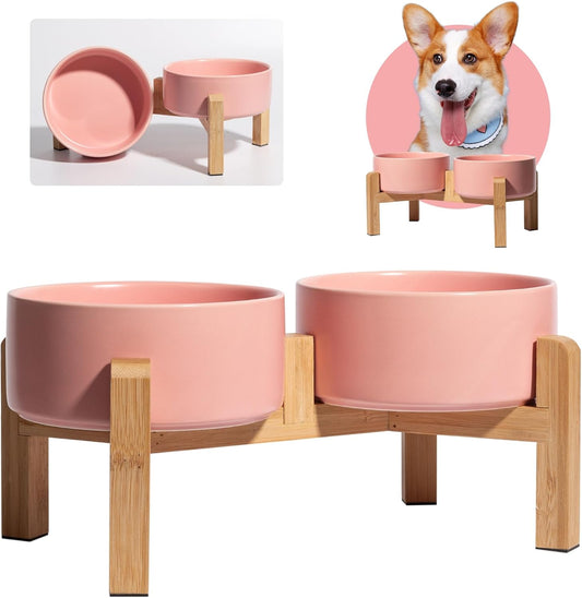 Elevated Ceramic Dog Bowl Set - Raised Dog Bowls with Non-Slip Bamboo Stand - Dog Food and Water Bowl Set - Double Dog Feeding Bowls - Suitable for Small and Medium Dogs - 28.74 OZ - 3.6 CUPS - 850 ML