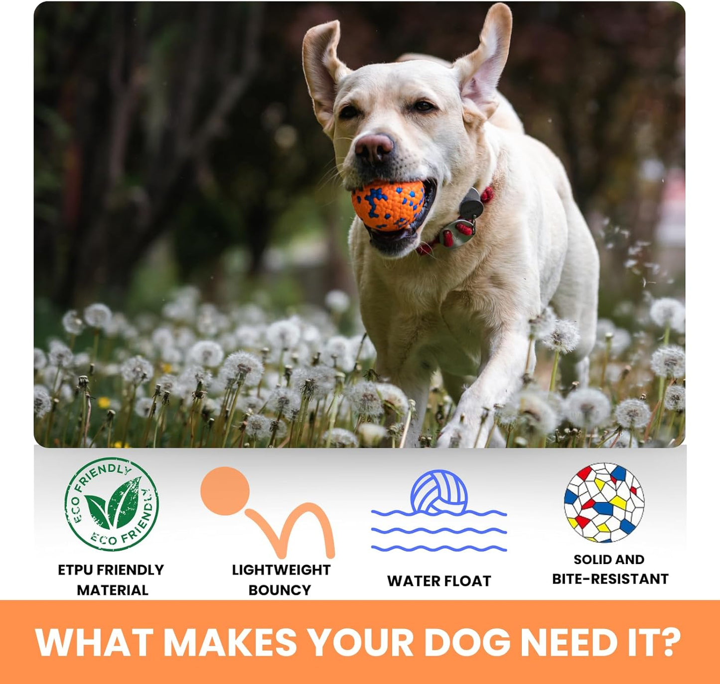 Tough Dog Toys for Aggressive Chewers & Teething Puppies, Bouncy Balls for Medium Dogs, Durable Pet Toys, Floating Dog Balls for Water Play (Orange-Blue)