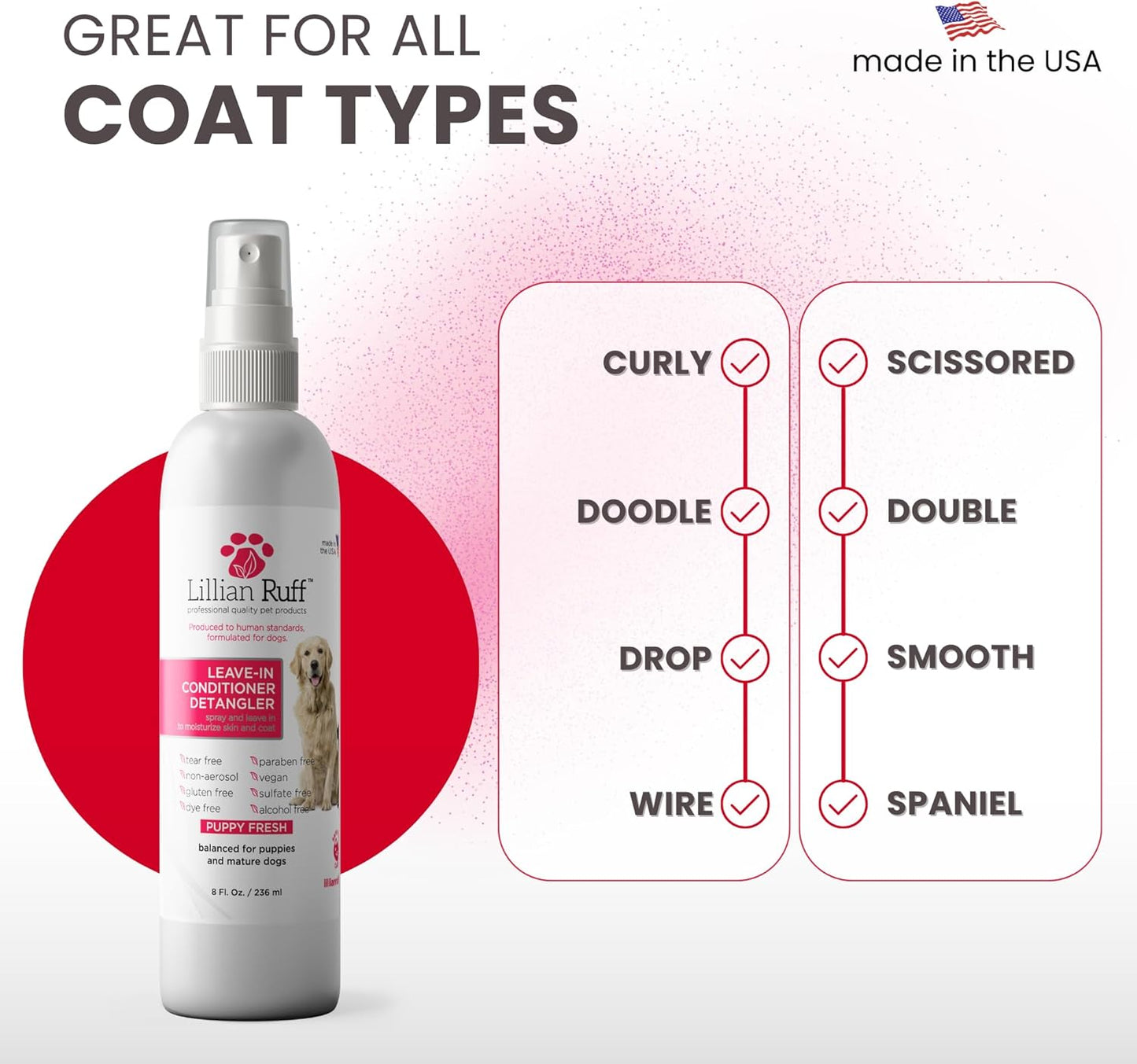 Lillian Ruff Leave-in Dog Conditioner & Detangler Spray - pH Balanced After-Bath No Rinse Hydrating Dog Conditioning Spray - Silky Shine Spray for Dry Skin, Itch Relief, Detangling & Dematting (8oz)