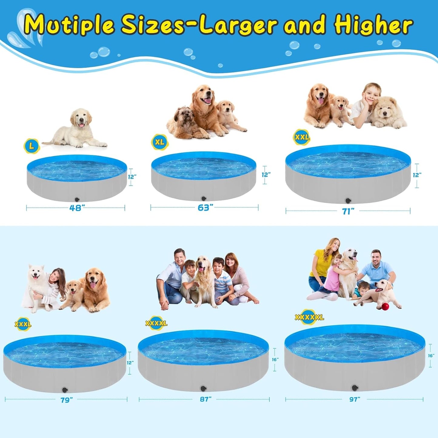 Foldable Dog Pool, 63" Kiddie Pool Hard Plastic, Portable Dog Swimming Pool for Large Dogs, Collapsible Pet Wading Pool & Bath Tub Outdoor Kids Pool Anti-Slip