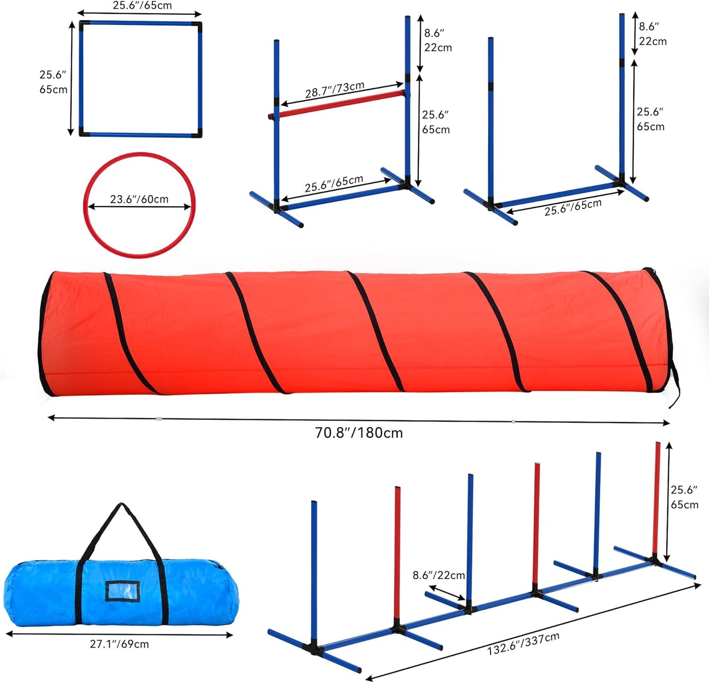 YITAHOME Dog Agility Training Equipment Set with Flexible Tunnel, Hurdle, Jump Ring, 6 Weave Poles, Pause Platform, Teaser Pole, 3 Flying Discs, and Carry Bags for Indoors Outdoors, Orange/Blue