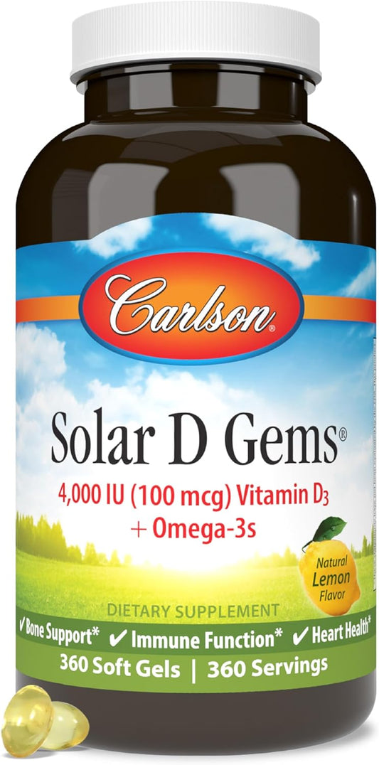Carlson - Solar D Gems, Vitamin D3 and Omega-3 Supplement, 4000 IU (100 mcg) D3, 115 mg Omega-3 EPA and DHA, Vitamin D Fish Oil Capsule, Bone & Immune Health, Vitamin D Supplement, Lemon, 360 Softgels