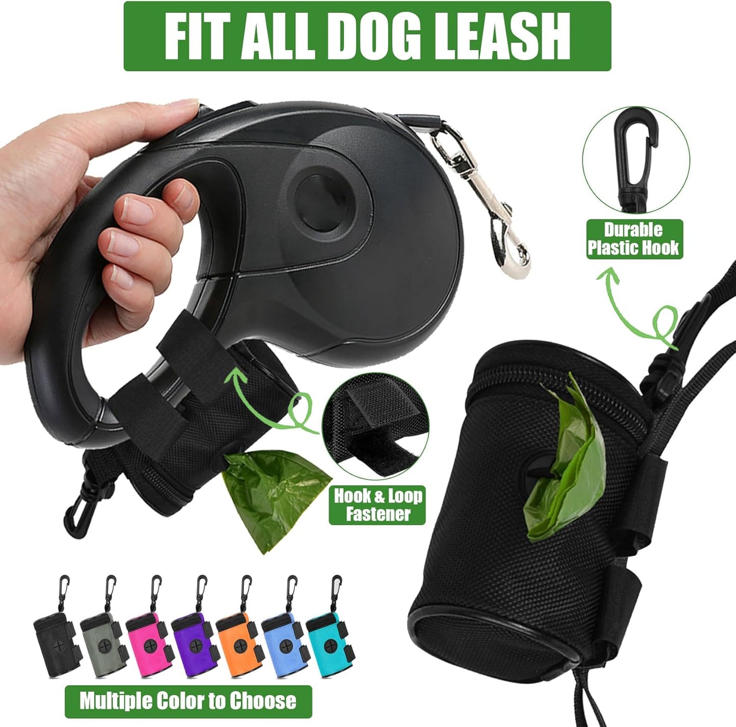 Dog Poop Bag Holder for Leash Attachment - Waste Bag Dispenser for Leash - Fits Any Dog Leash - Portable Set with Hand Free Holder Metal Carrier, Round Shape, Pink