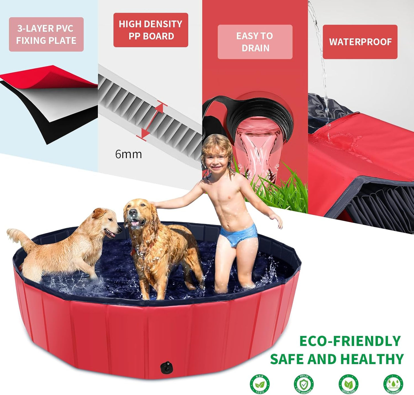 Foldable Dog Pool, 47" x 12" Kiddie Pool with Hard Plastic, Non-Slip Dog Bath Tub for Outdoor Backyard, Collapsible Dog Swimming Pool for Kids Dogs Pets (Red)