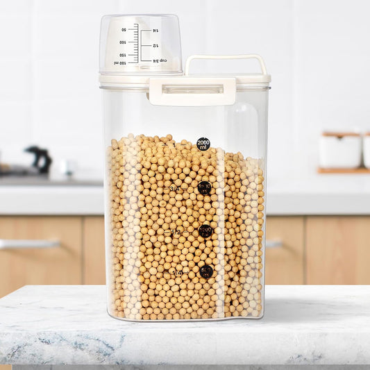 TBMax Rice Container Cereal Storage Container 2.64Qt, Upgraded Crystal-Clear PET Plastic Kitchen Pantry Food Storage Container with Cup & Off White Lid, Small Pet Dog Cat Food Container Dispenser