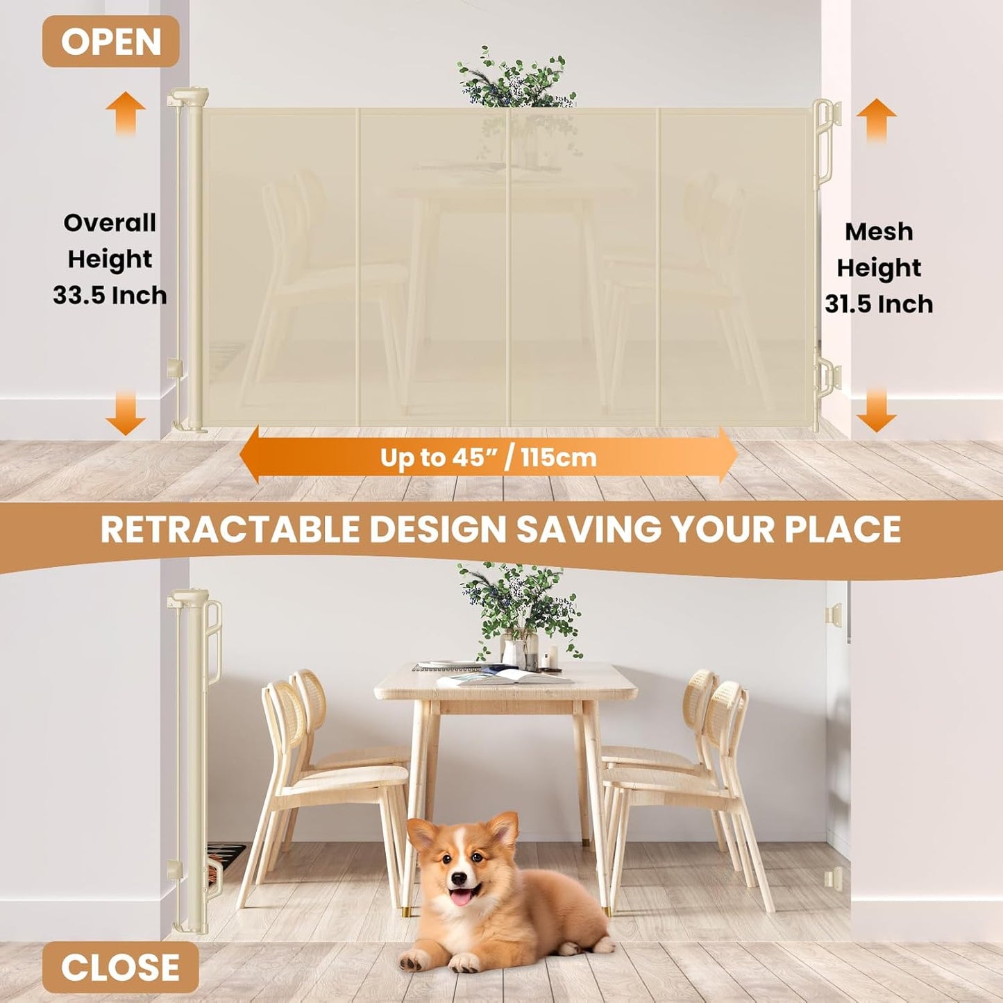 Reinforced Retractable Baby Gate or Mesh Dog Gate,Easy to Use for Stairs, Doorways, Hallways, Indoor, Outdoor, Wide Pet Gate 33.5" Tall, Extends to 45" Wide, Cream