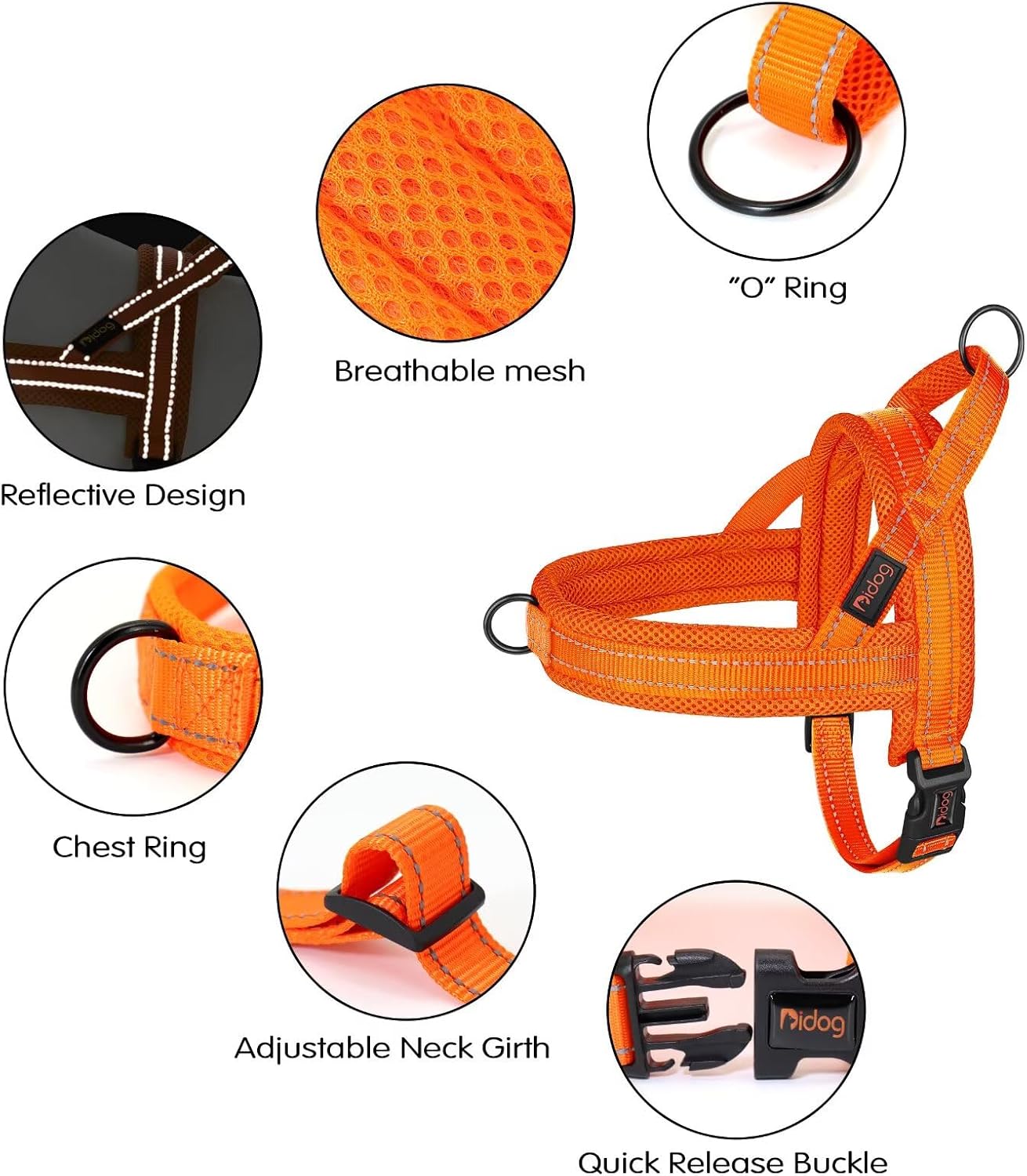 Didog No Pull Dog Harness with Soft Mesh Padded,Reflective & Quick Fit Light Weight Dog Strap Vest Harness,Easy for Walking Training (L:Chest 26-32", Orange)