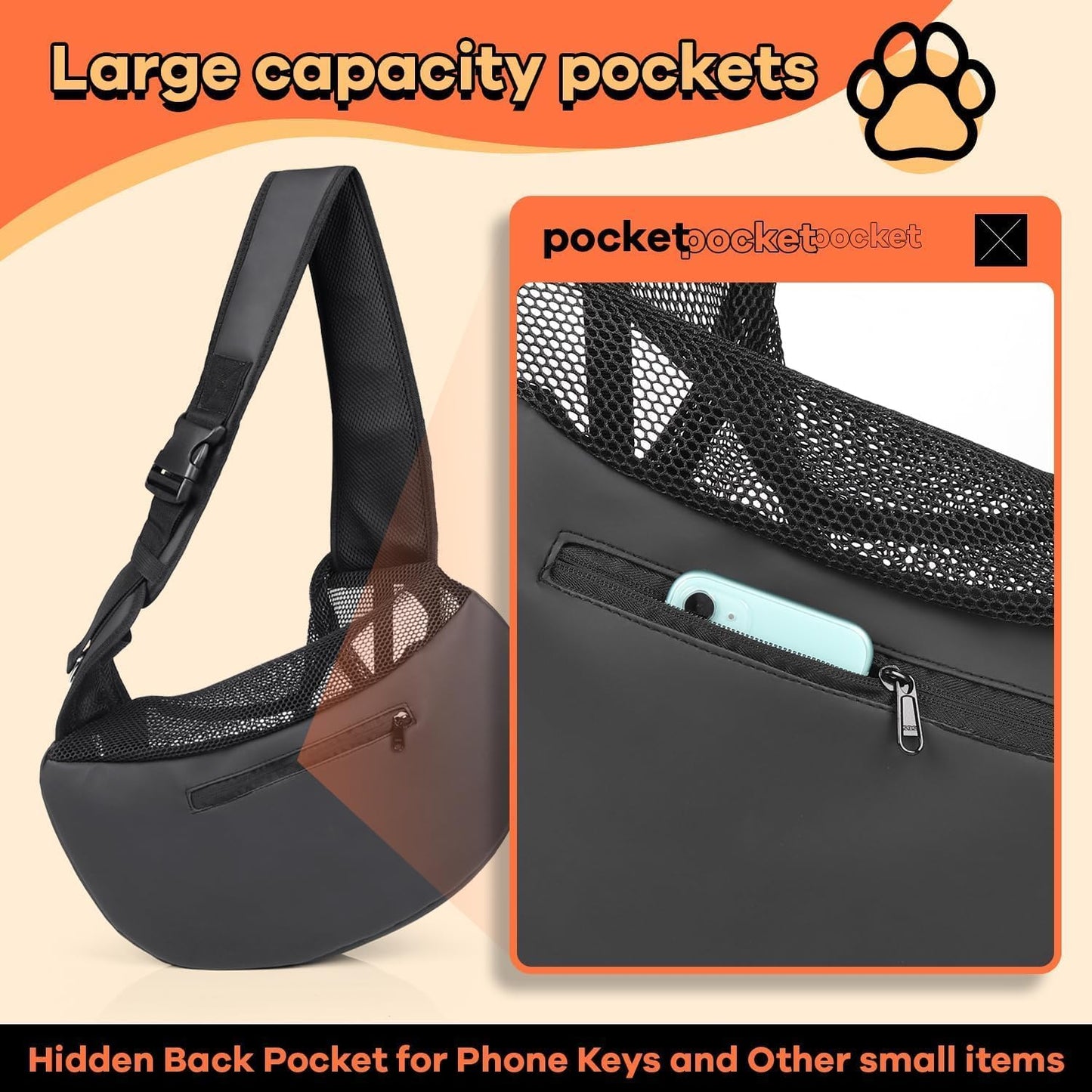 YUDODO Pet Sling Carrier for Small Dogs & Cats – Hands-Free Puppy Carrier with Safety Hook, Large Zipper Pocket, Soft Breathable Mesh, Adjustable Strap & Reflective Strip (Gray 3.0 M)