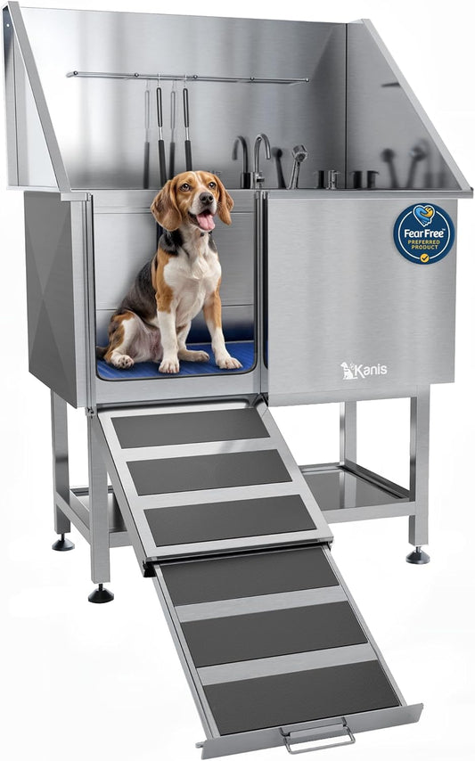 KANIS Professional Dog Washing Station - 304 Stainless Steel Pet Wash Sink & Grooming Bath Tub for Home with Ramp, Shower, Floor Grate, Storage Shelf, Faucet, Drain Kit for Large, Medium & Small Pets