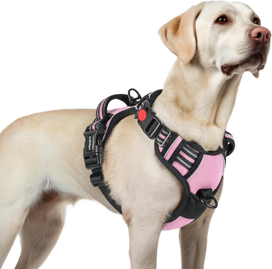 rabbitgoo Dog Harness for Large, No Pull Pet Harness with 3 Buckles, Adjustable Soft Padded Vest with Control Handle, Walking Reflective Pet Vest for Large Dogs, Pink, L