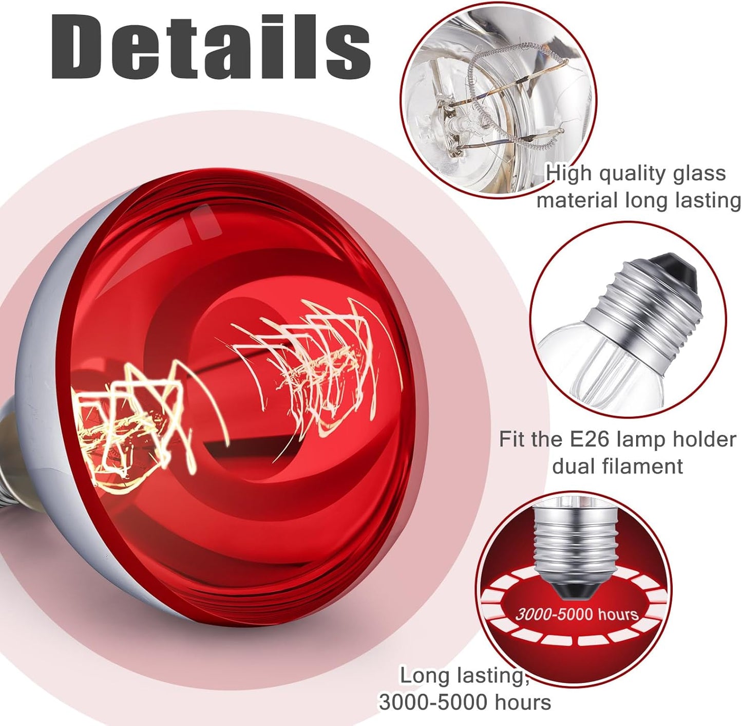 VIHOSE 4 Pack 250 Watt Heat Lamp 120v R40 Heat Lamp Bulbs Glass Incandescent Light Bulbs Incandescent Heating Lightbulbs for Reptiles Chicks Food Puppies Bathroom, Use E26 Base (Silver,Red)