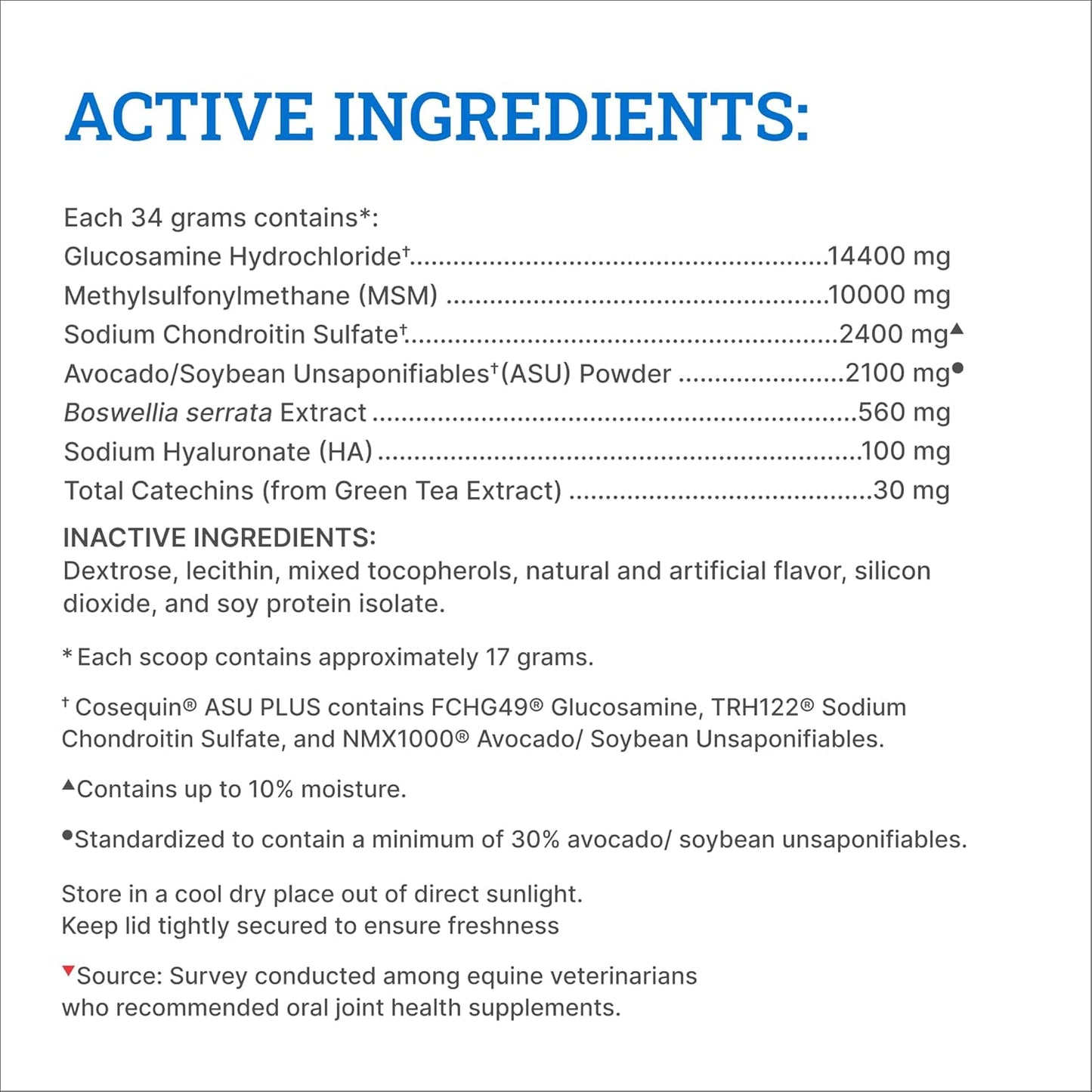 Nutramax Cosequin ASU Joint Health Supplement for Horses - Powder with Glucosamine, Chondroitin, MSM, ASU, Green Tea Extract, and Hyaluronic Acid, 1050 Grams