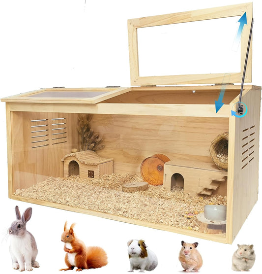 Wooden Hamster Cage,32" Lx16 Wx16 H,Animal Cabinet for Dwarf Syrian Hamsters Degus, Hamster Habitat with Openable Top and Large Acrylic Sheets, Natural Wooden Hamster Habitat.