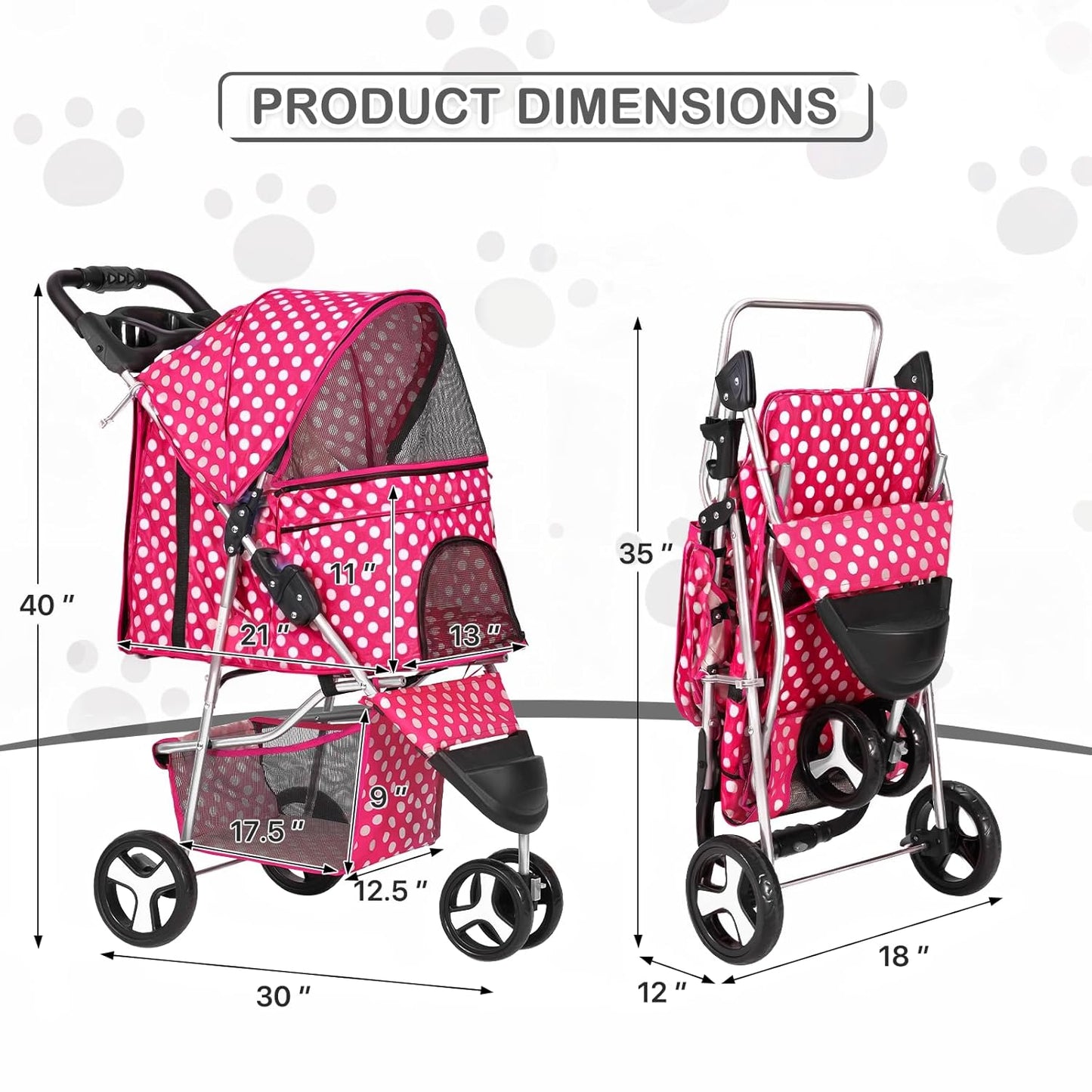 MoNiBloom 3 Wheels Pet Dog Cat Stroller for Small Medium Dogs Cats, Foldable Jogger Stroller w/Storage Basket and Cup Holder, Hot Pink Polka Dots