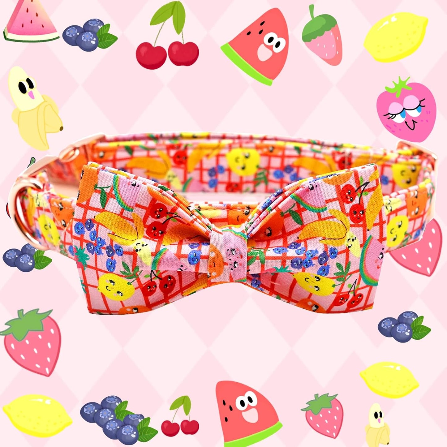 Elegant Little Tail Fruit Print Dog Collar - Cute Bowtie for Small to Large Dogs