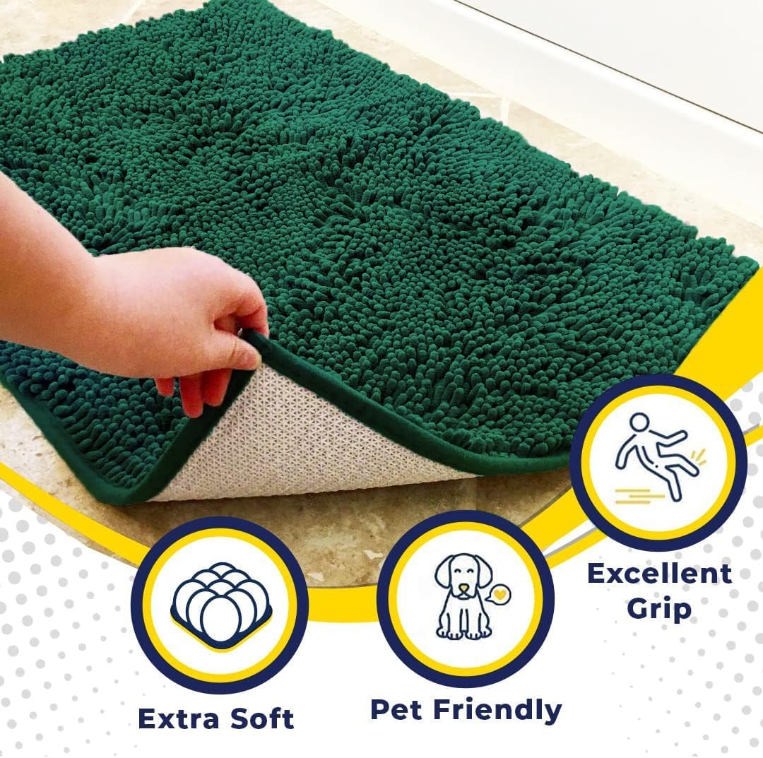 Muddy Mat® AS-SEEN-ON-TV Highly Absorbent Microfiber Dog Door Mat and Pet Rug, Non Slip Thick Washable Area and Bath Mat Soft Chenille for Kitchen Bathroom Bedroom and Indoor- Dark Green Large 35"X24"
